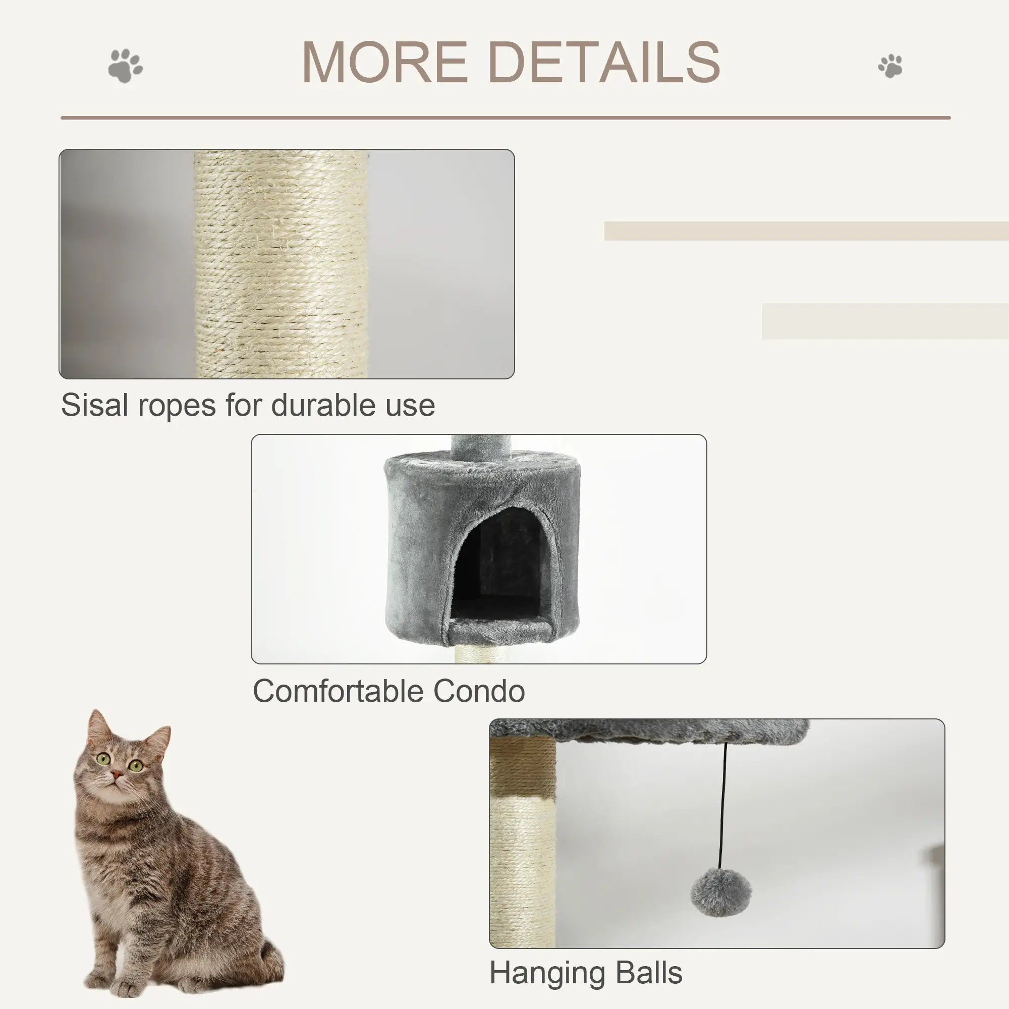 4-Tier Floor to Ceiling Cat Tree, Scratching Post, Plush, Toy Ball, Light Grey - Image 6