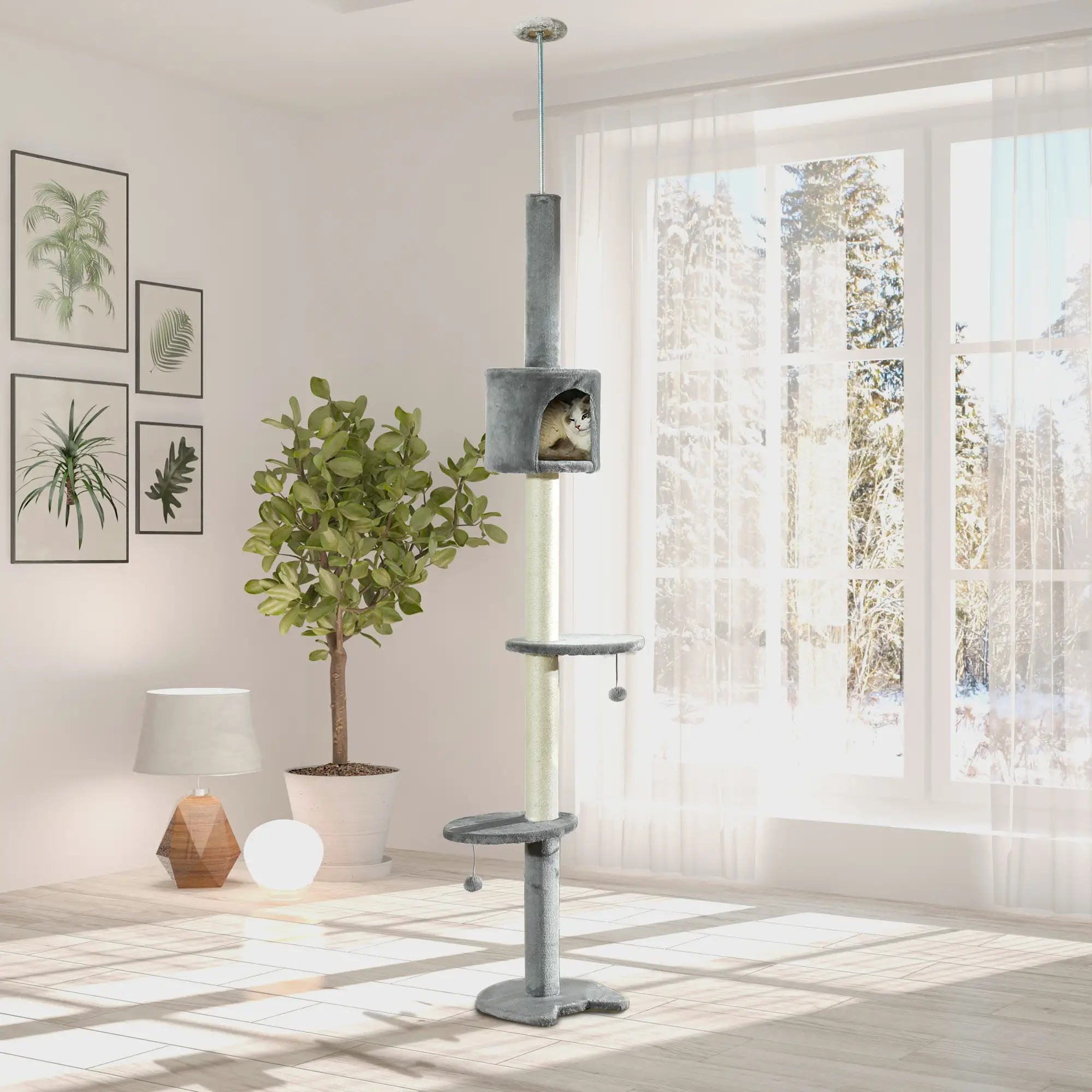 4-Tier Floor to Ceiling Cat Tree, Scratching Post, Plush, Toy Ball, Light Grey - Image 8