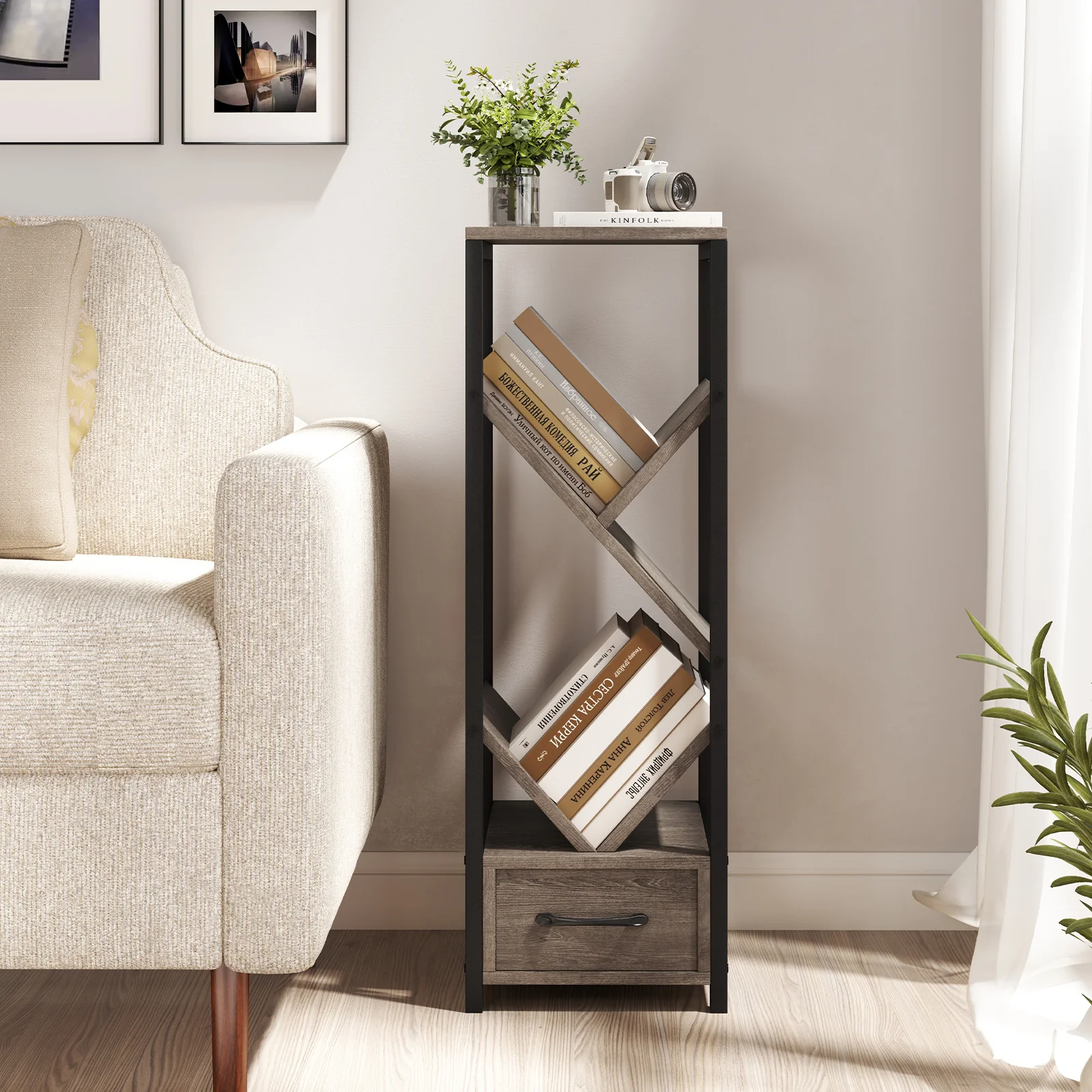 4 Tier Floor Tree Bookshelf, With Drawer And Metal Frame, Gray - Image 2