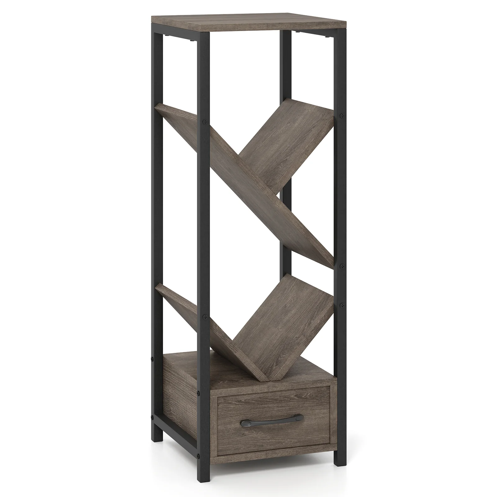 4 Tier Floor Tree Bookshelf, With Drawer And Metal Frame, Gray - Image 4