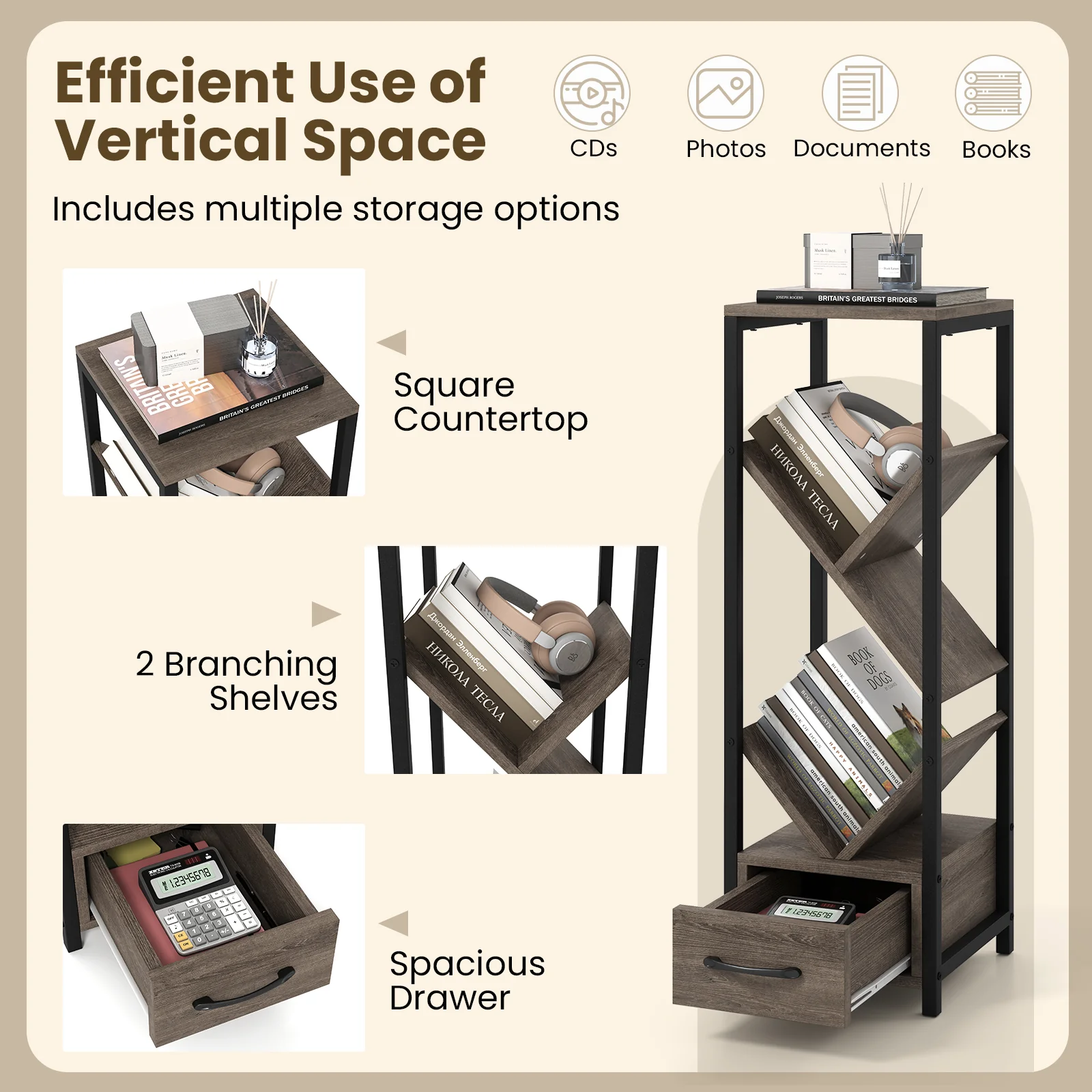 4 Tier Floor Tree Bookshelf, With Drawer And Metal Frame, Gray - Image 7