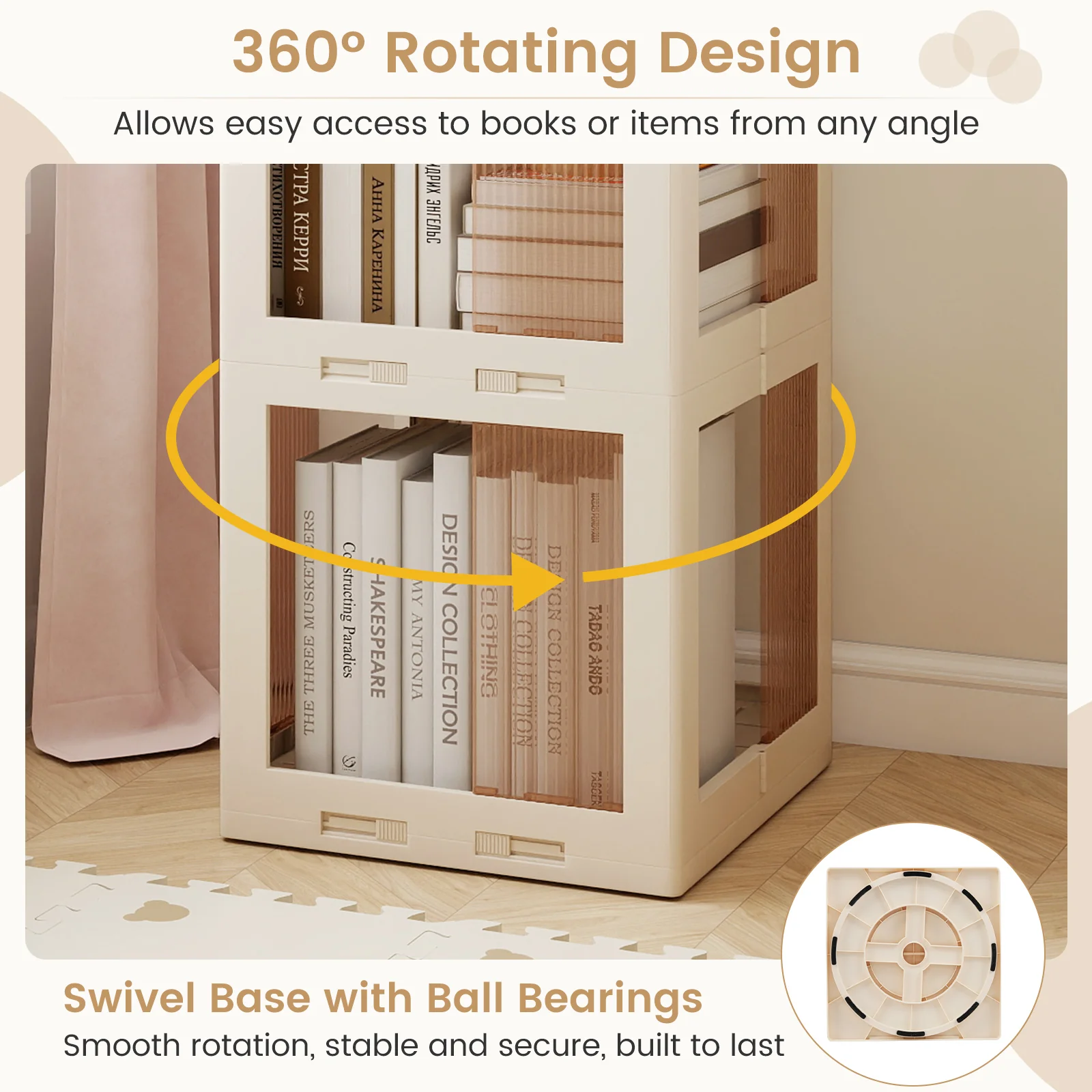4-Tier Foldable Rotating Bookshelf with Swivel Base and Translucent Panels, White - Image 10