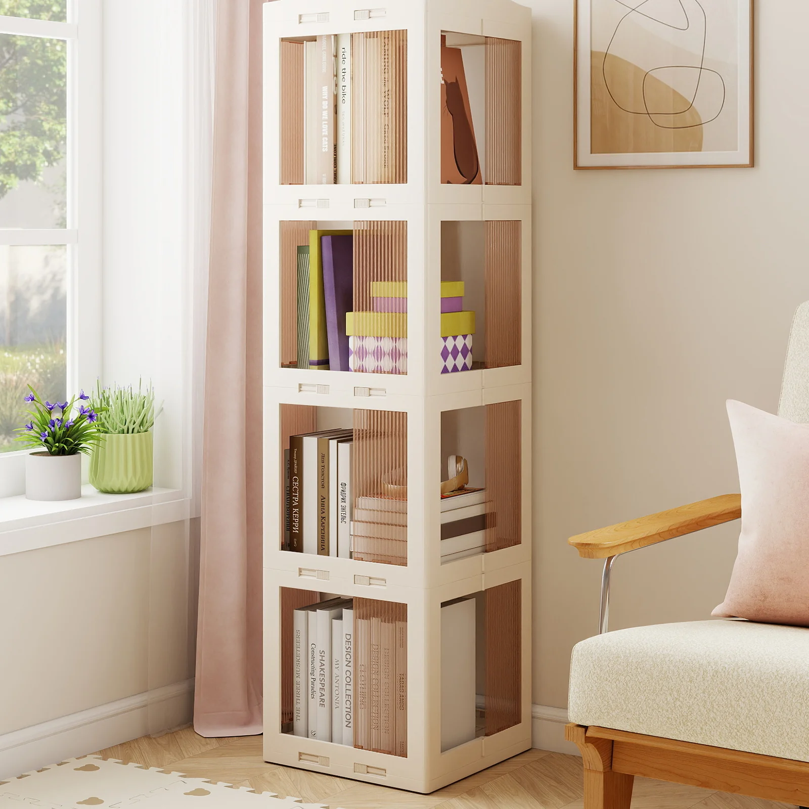 4-Tier Foldable Rotating Bookshelf with Swivel Base and Translucent Panels, White - Image 2