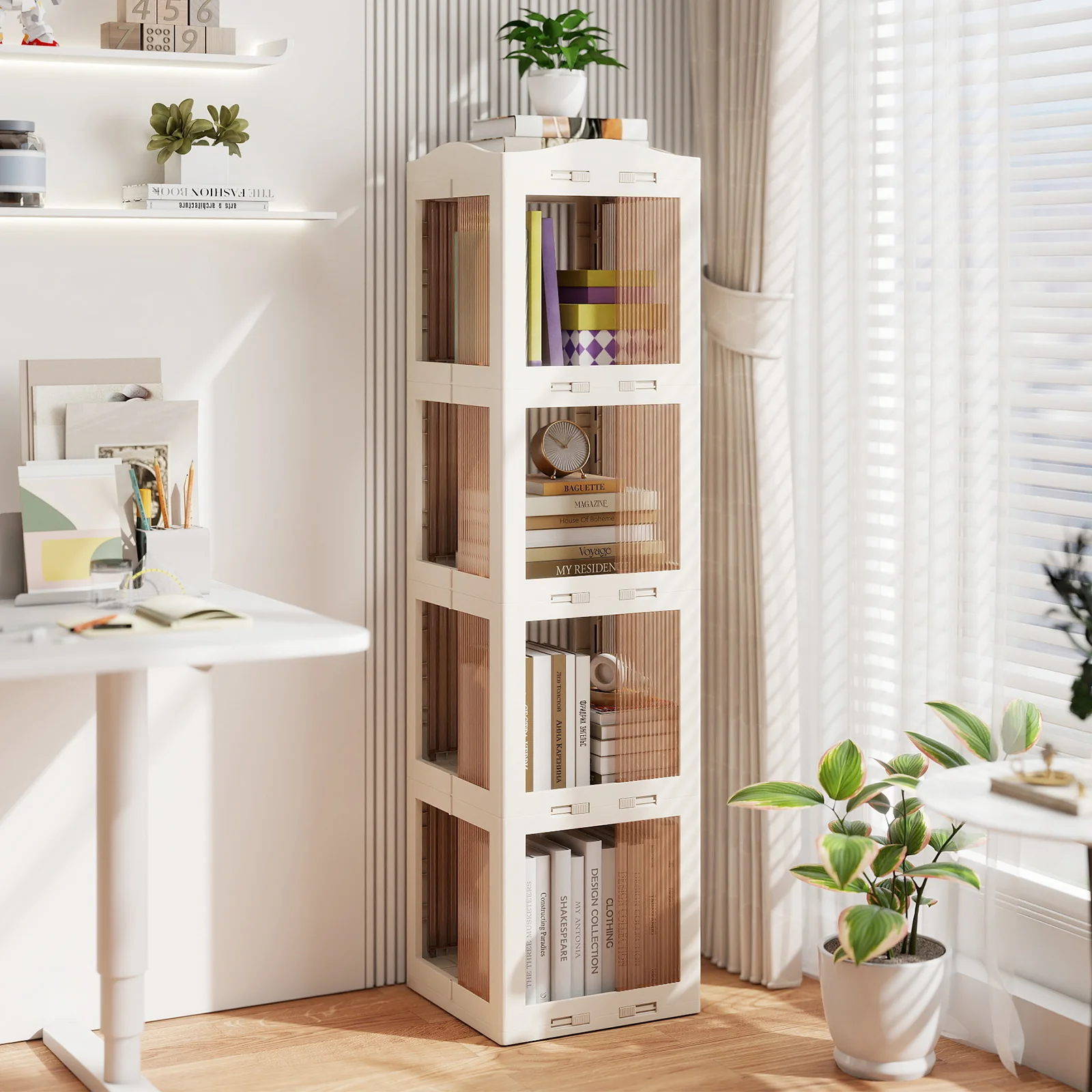 4-Tier Foldable Rotating Bookshelf with Swivel Base and Translucent Panels, White - Image 3