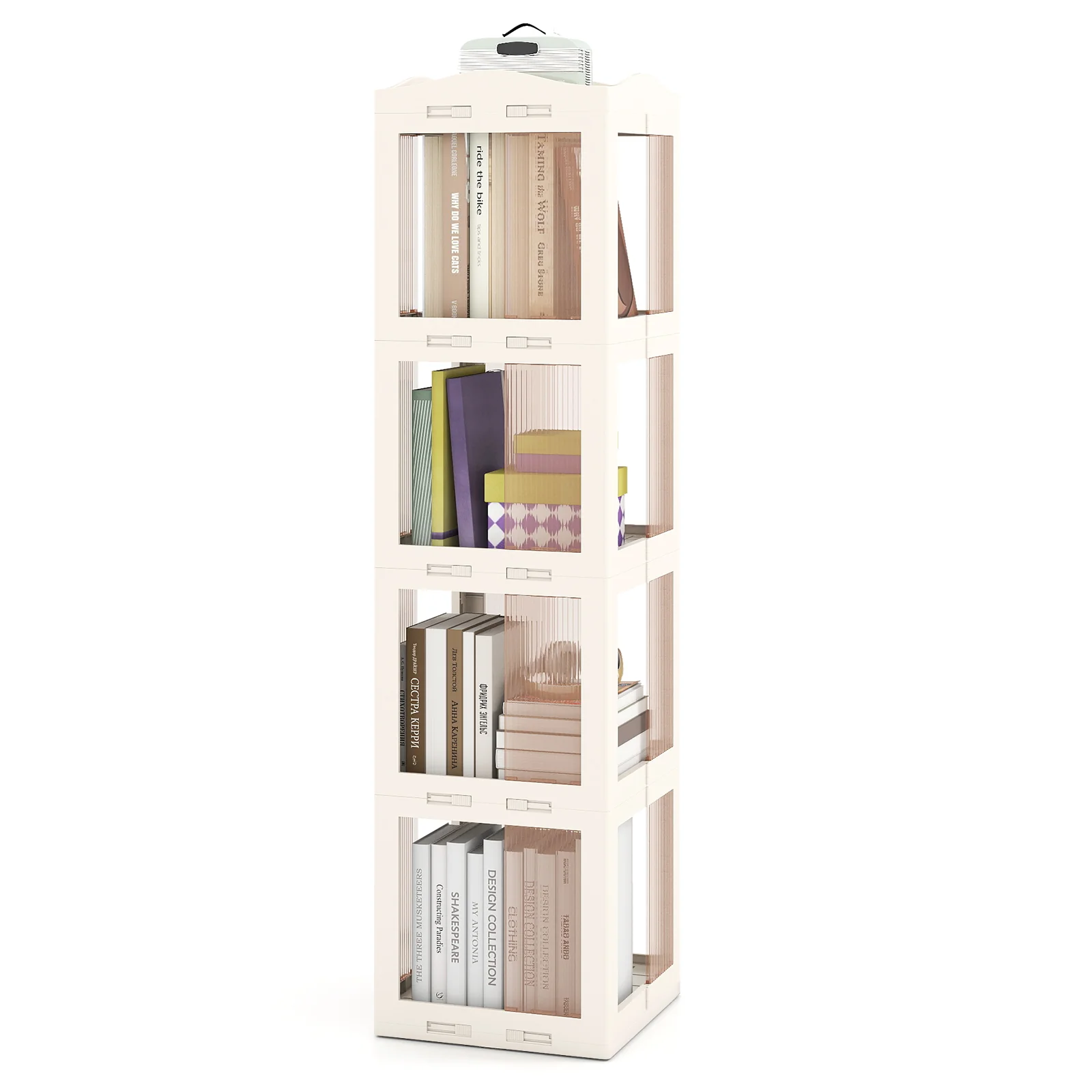4-Tier Foldable Rotating Bookshelf with Swivel Base and Translucent Panels, White - Image 5