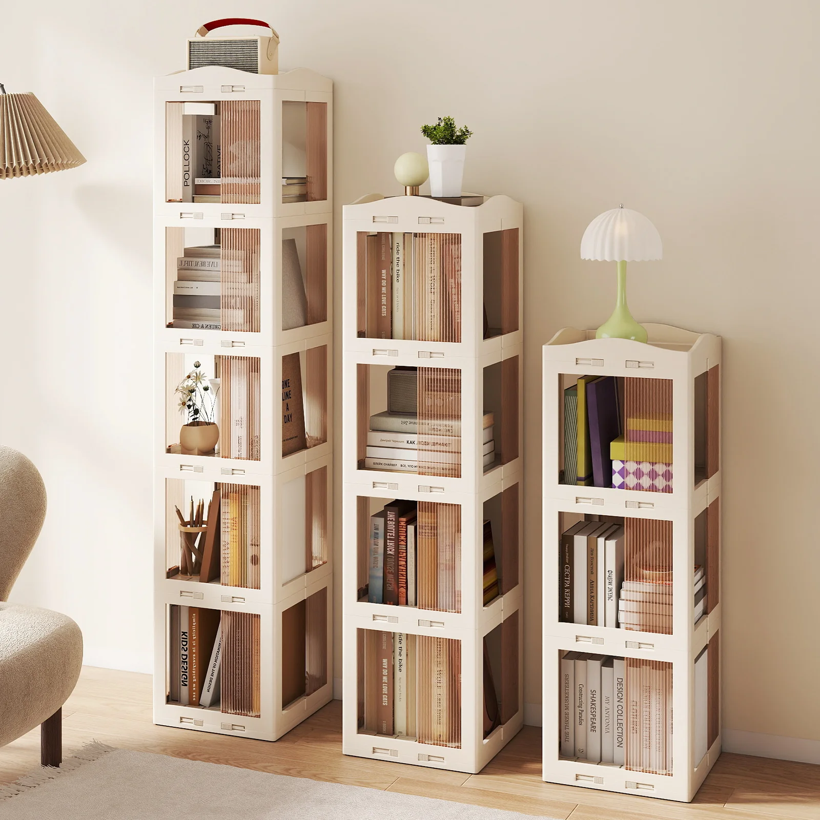 4-Tier Foldable Rotating Bookshelf with Swivel Base and Translucent Panels, White - Image 7