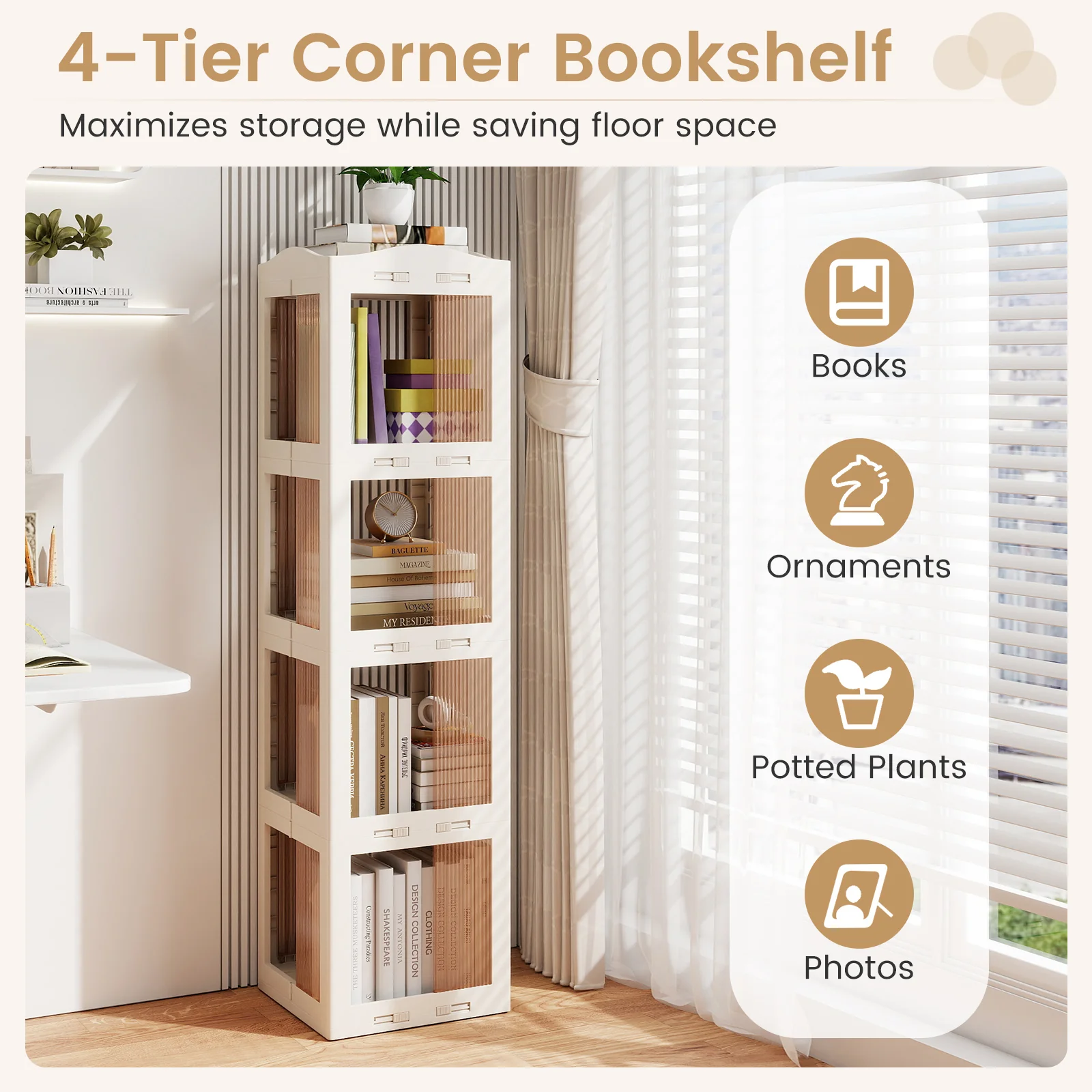 4-Tier Foldable Rotating Bookshelf with Swivel Base and Translucent Panels, White - Image 9