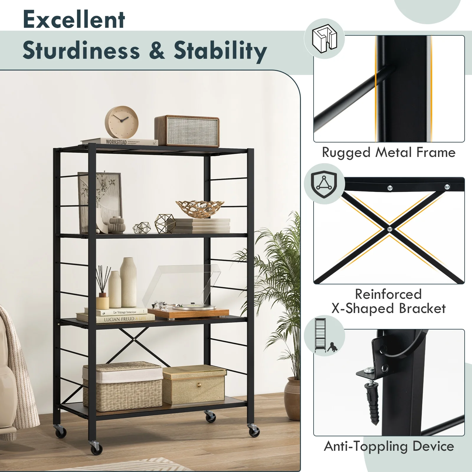 4-Tier Foldable Storage Shelf, Black - Image 10