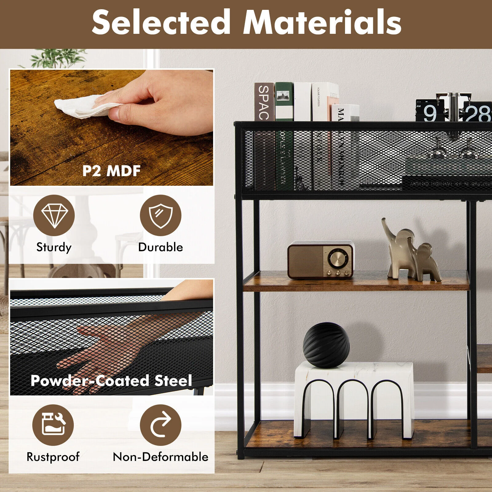 4-Tier Industrial Console Table, Wire Basket Shelf, Rustic Brown - Image 10