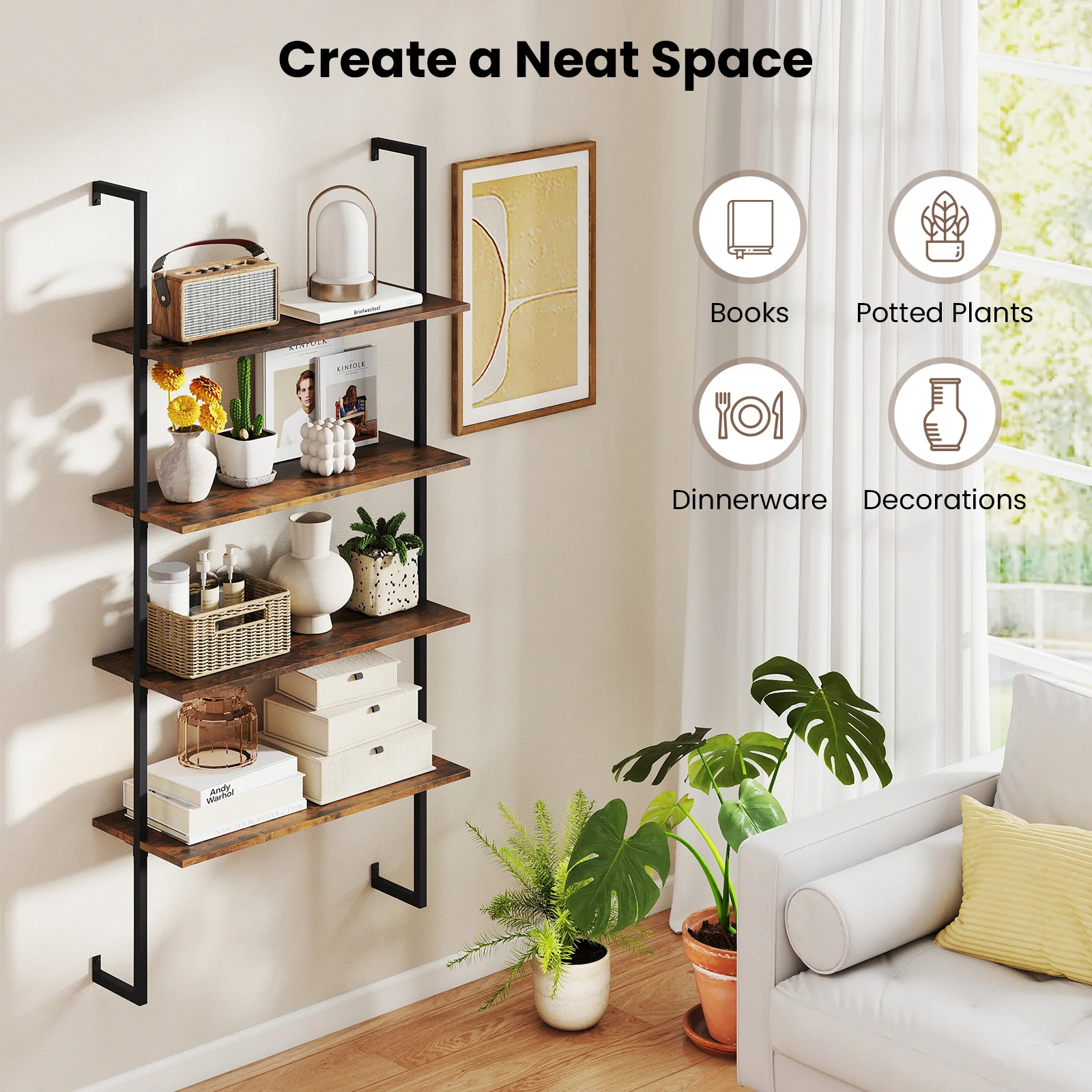 4-Tier Industrial Ladder Bookshelf, Metal Frame, Brown - Image 10