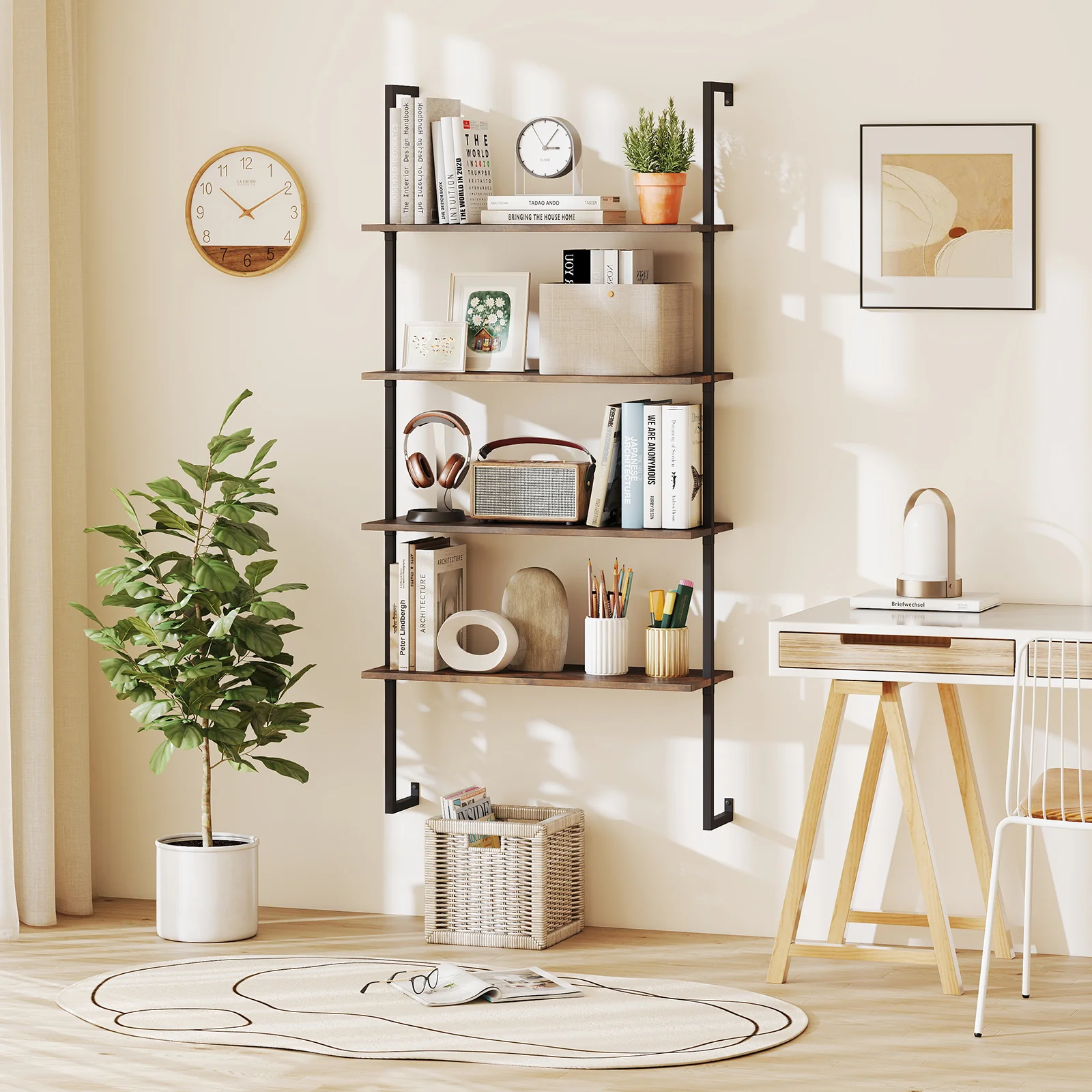 4-Tier Industrial Ladder Bookshelf, Metal Frame, Brown - Image 2