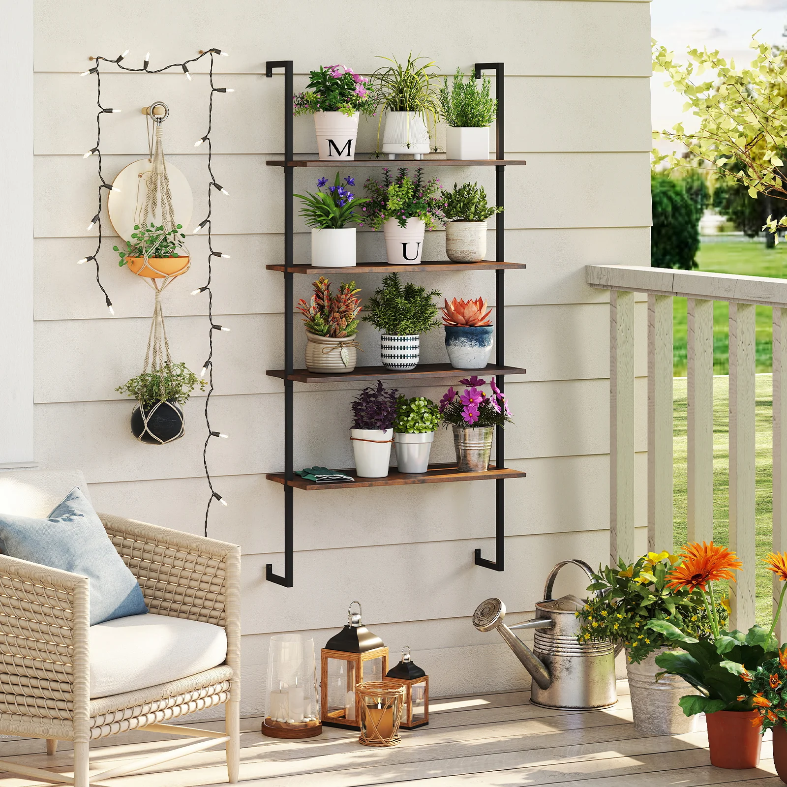 4-Tier Industrial Ladder Bookshelf, Metal Frame, Brown - Image 3