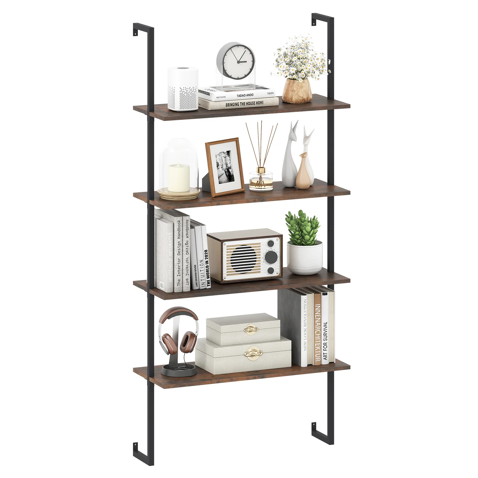 4-Tier Industrial Ladder Bookshelf, Metal Frame, Brown - Image 4