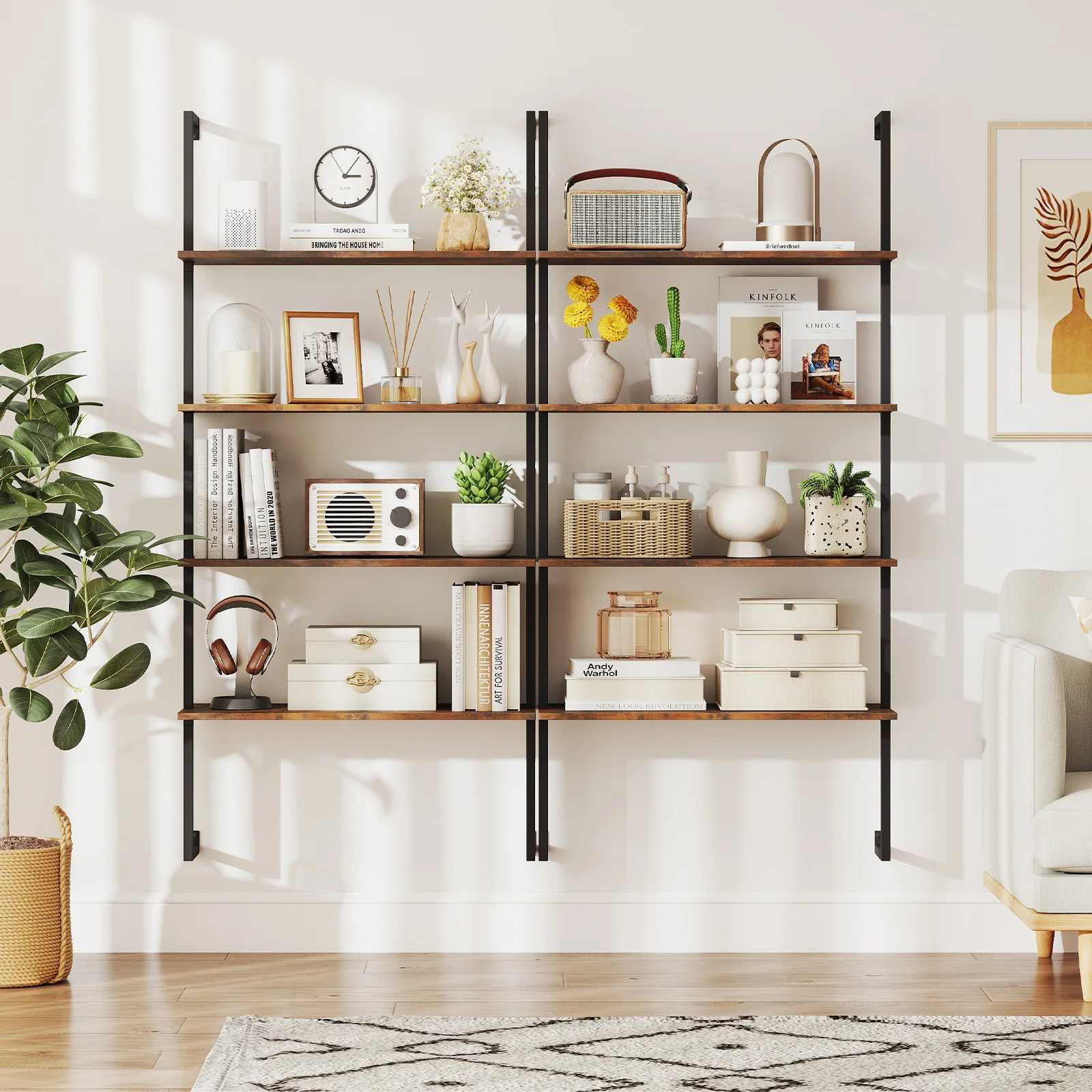 4-Tier Industrial Ladder Bookshelf, Metal Frame, Brown - Image 7