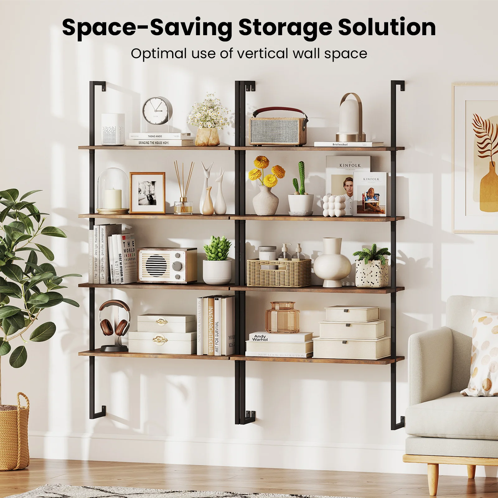 4-Tier Industrial Ladder Bookshelf, Metal Frame, Brown - Image 8