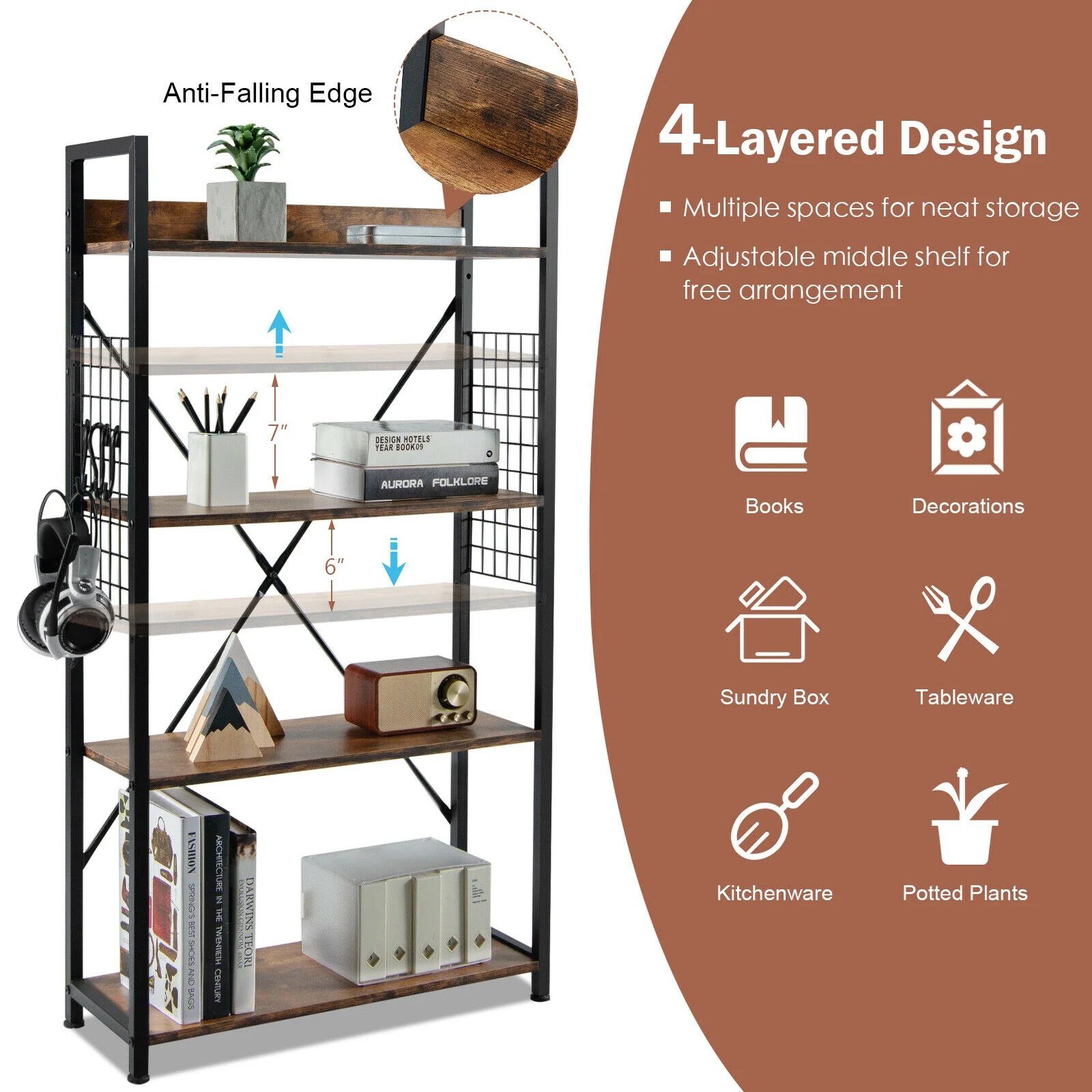 4-Tier Industrial Open Storage Bookshelf, Dark Brown - Image 10
