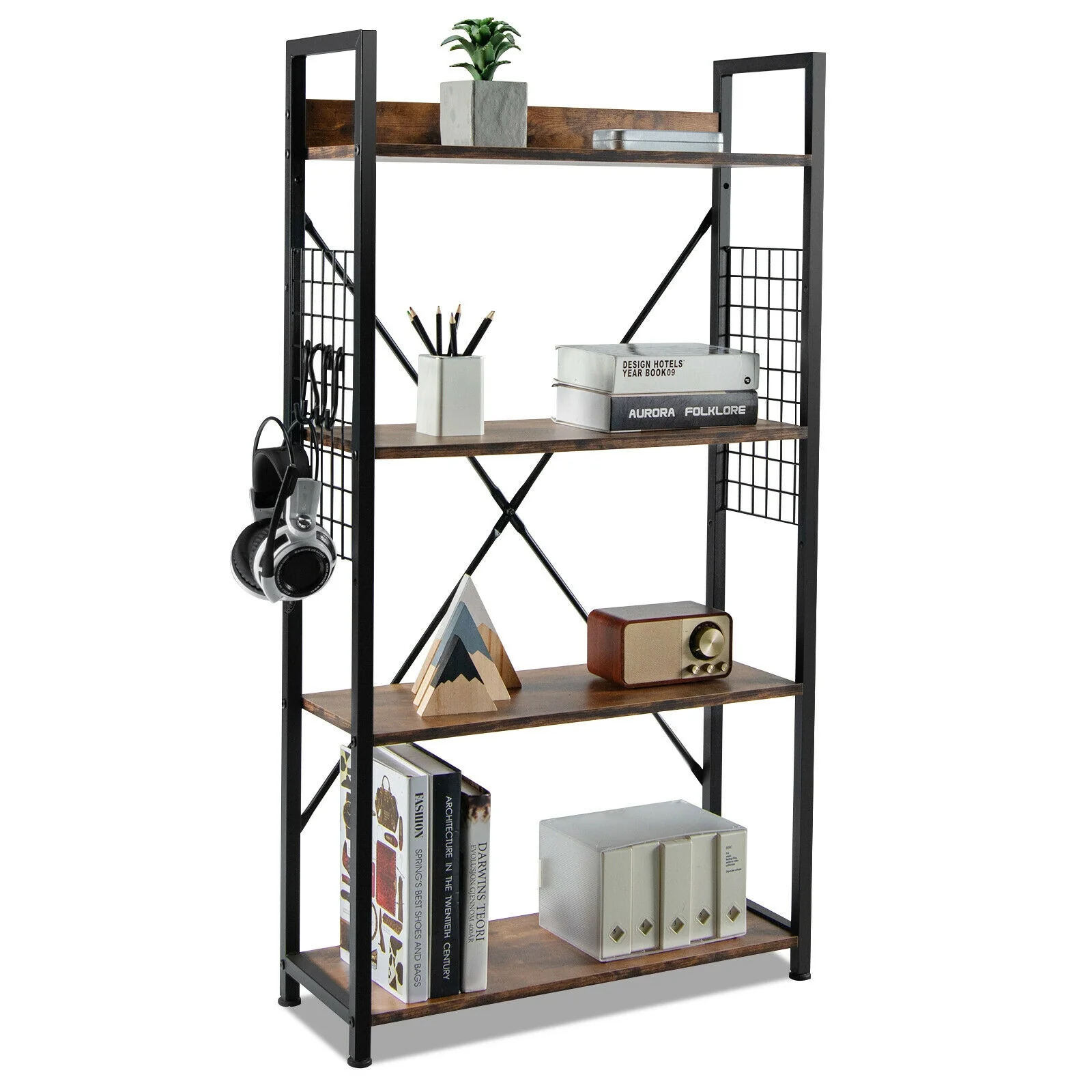 4-Tier Industrial Open Storage Bookshelf, Dark Brown - Image 5