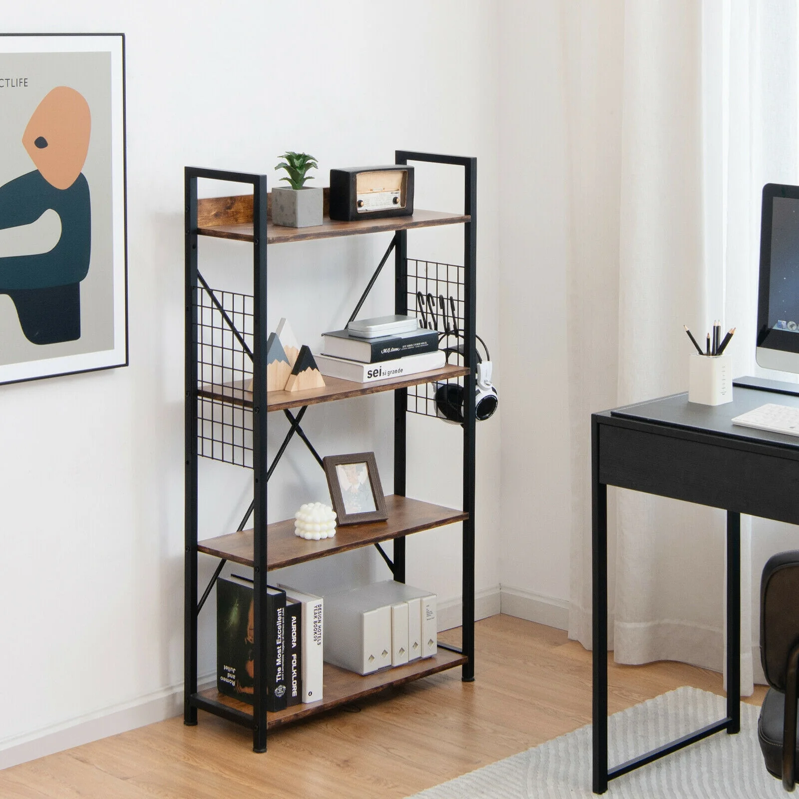 4-Tier Industrial Open Storage Bookshelf, Dark Brown - Image 7