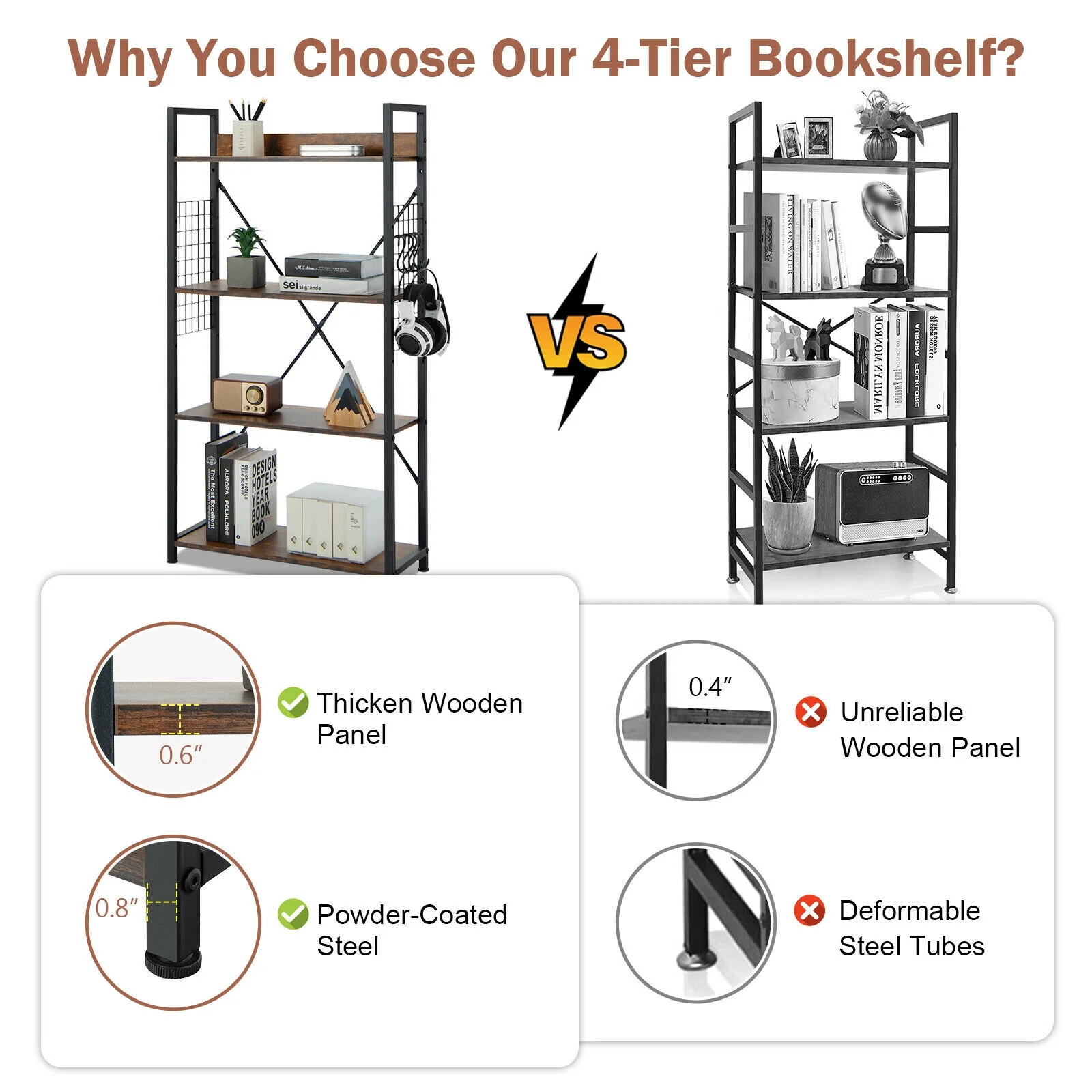 4-Tier Industrial Open Storage Bookshelf, Dark Brown - Image 9