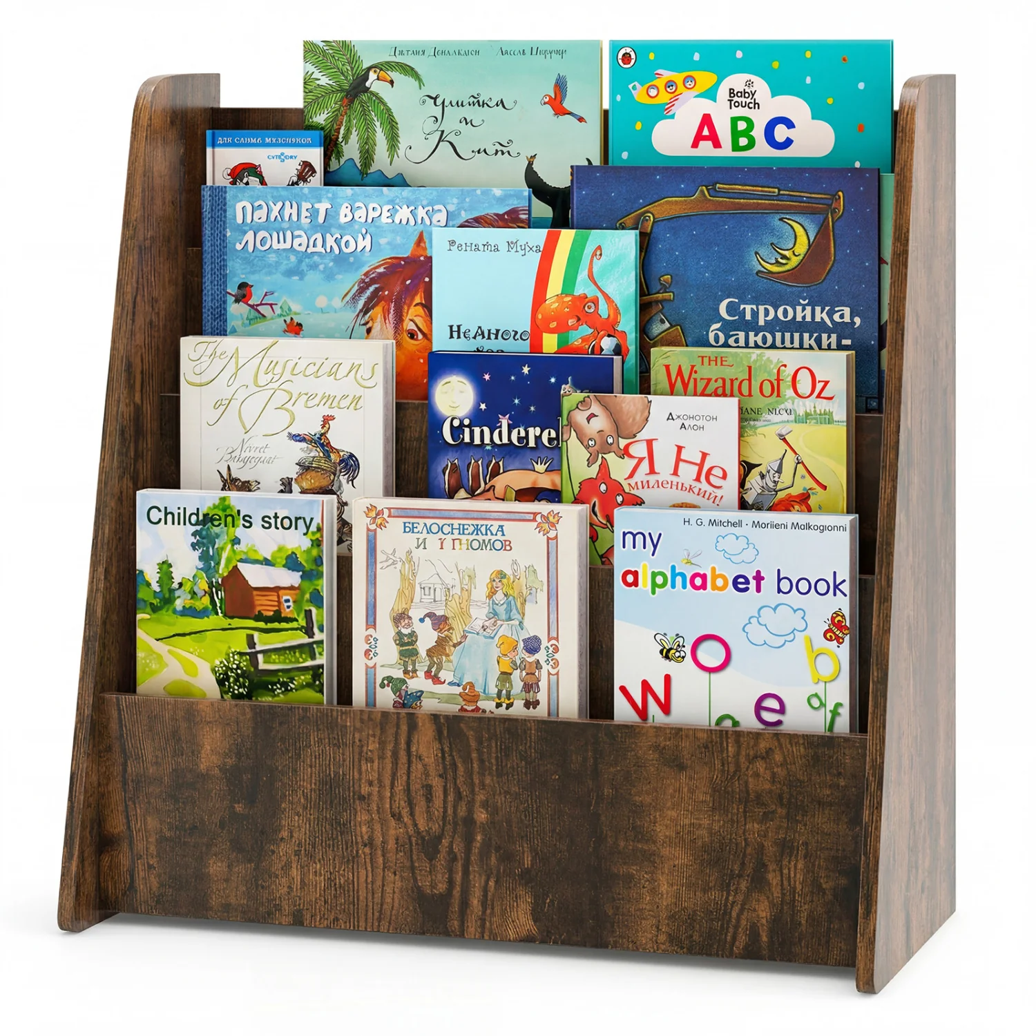 4-Tier Kids Bookshelf, Deep Compartments, Rustic Brown