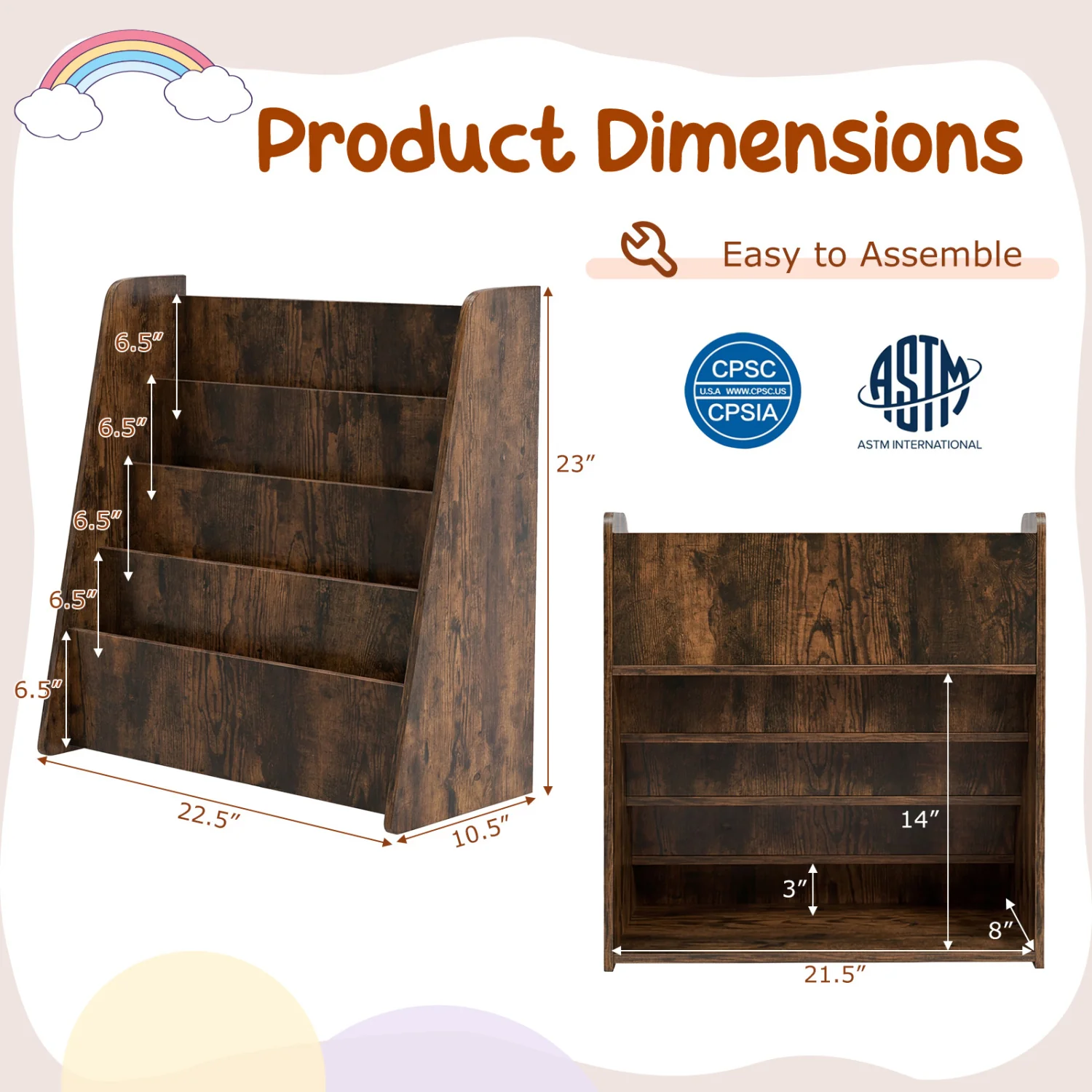 4-Tier Kids Bookshelf, Deep Compartments, Rustic Brown - Image 5