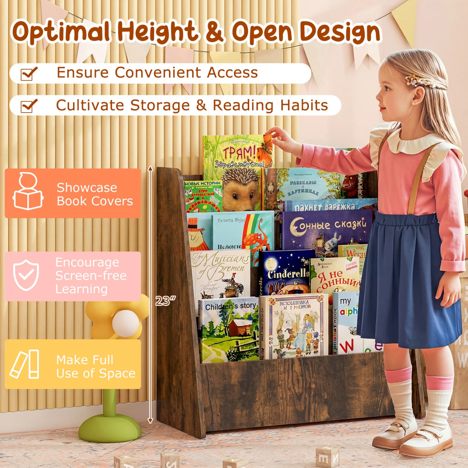 4-Tier Kids Bookshelf, Deep Compartments, Rustic Brown - Image 9