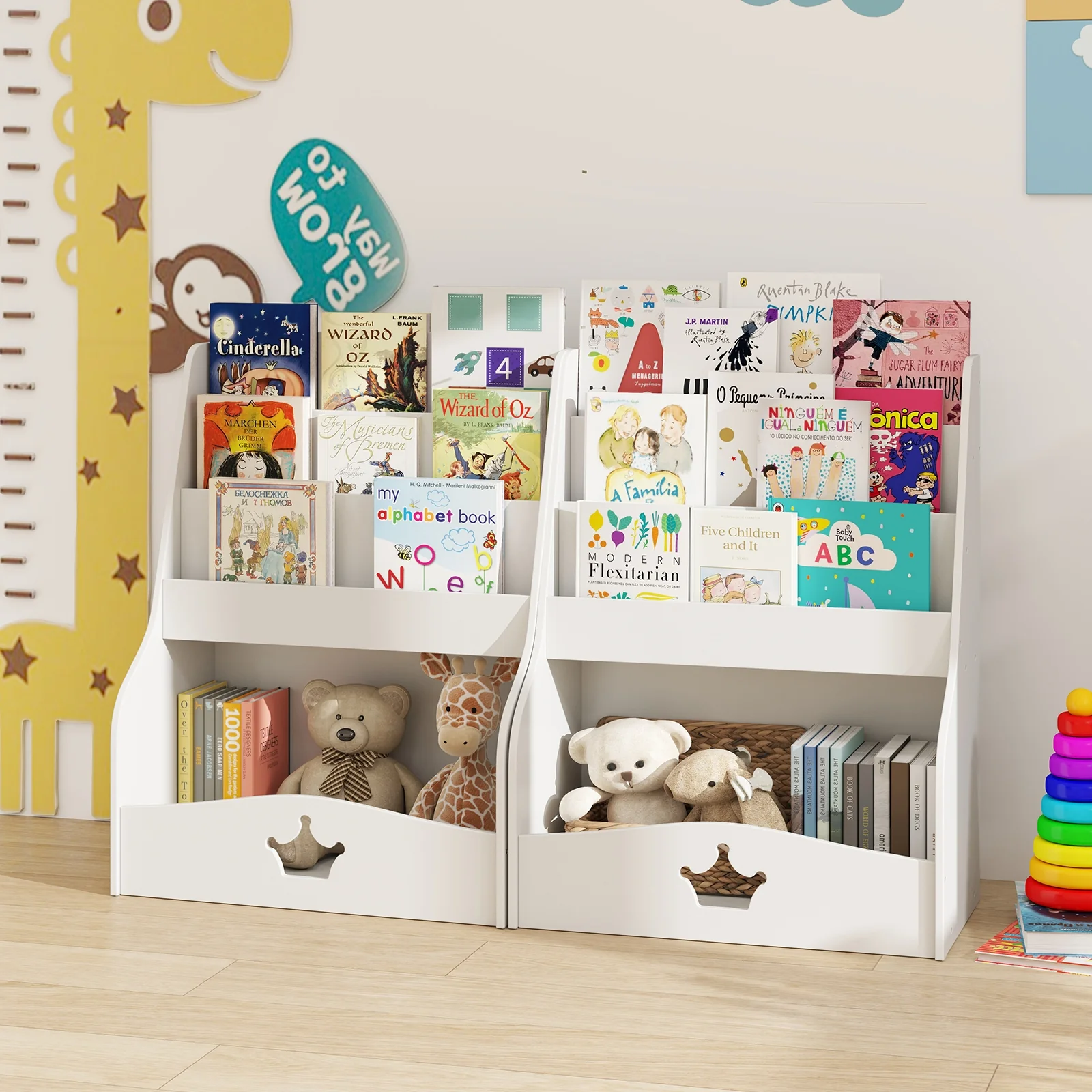 4-Tier Kids Bookshelf With Shelves, Compartment, White - Image 3