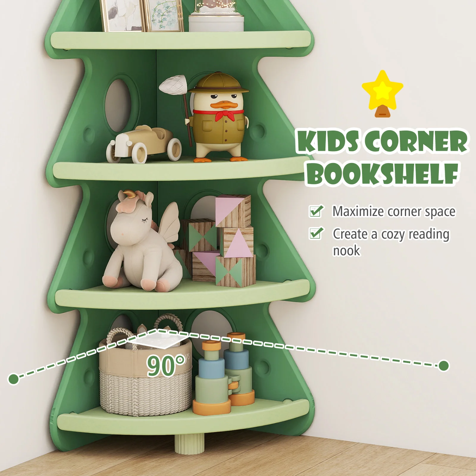 4-Tier Kids Corner Bookshelf Baby Display Shelf for Kids Room, Green - Image 10
