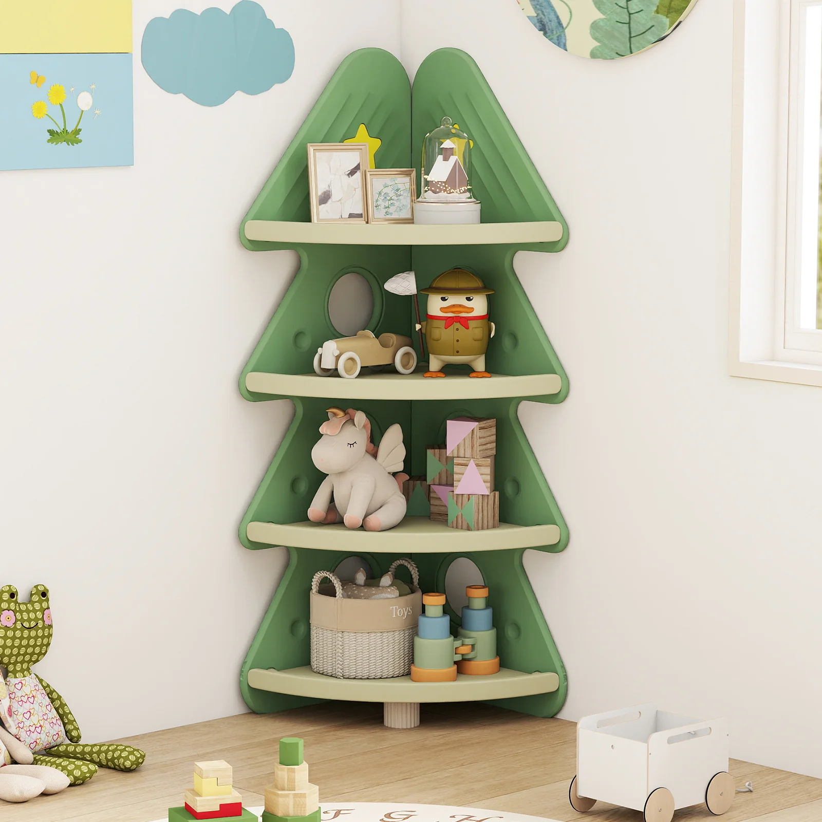 4-Tier Kids Corner Bookshelf Baby Display Shelf for Kids Room, Green - Image 2