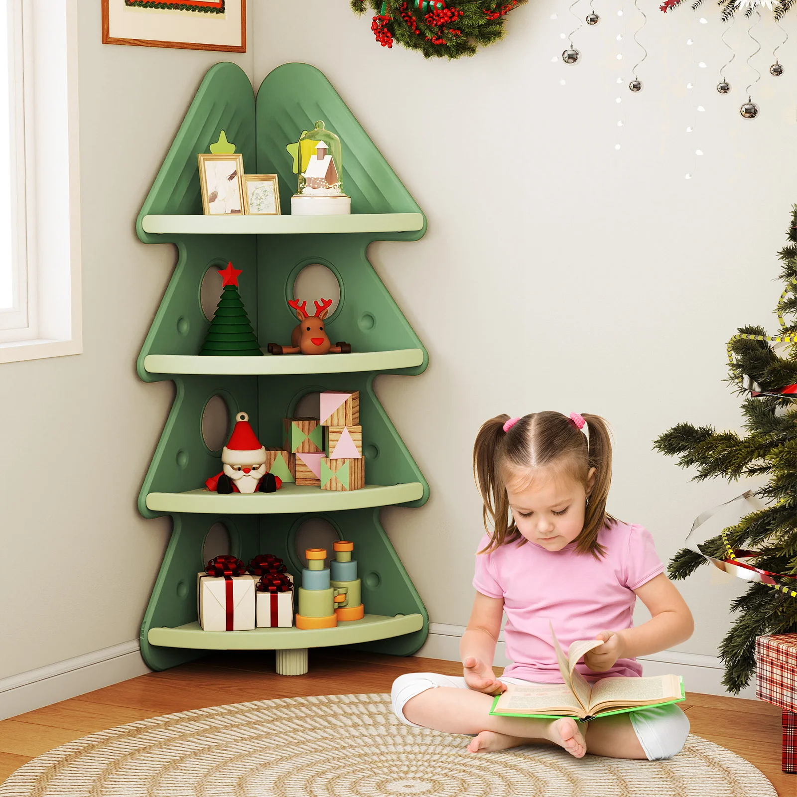 4-Tier Kids Corner Bookshelf Baby Display Shelf for Kids Room, Green - Image 3