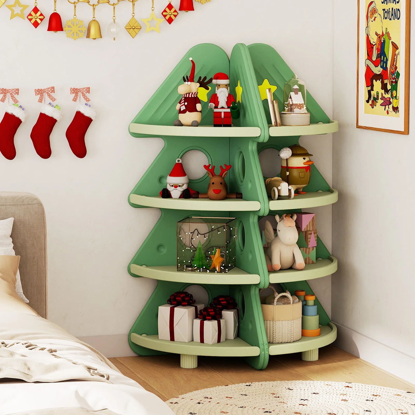 4-Tier Kids Corner Bookshelf Baby Display Shelf for Kids Room, Green - Image 7