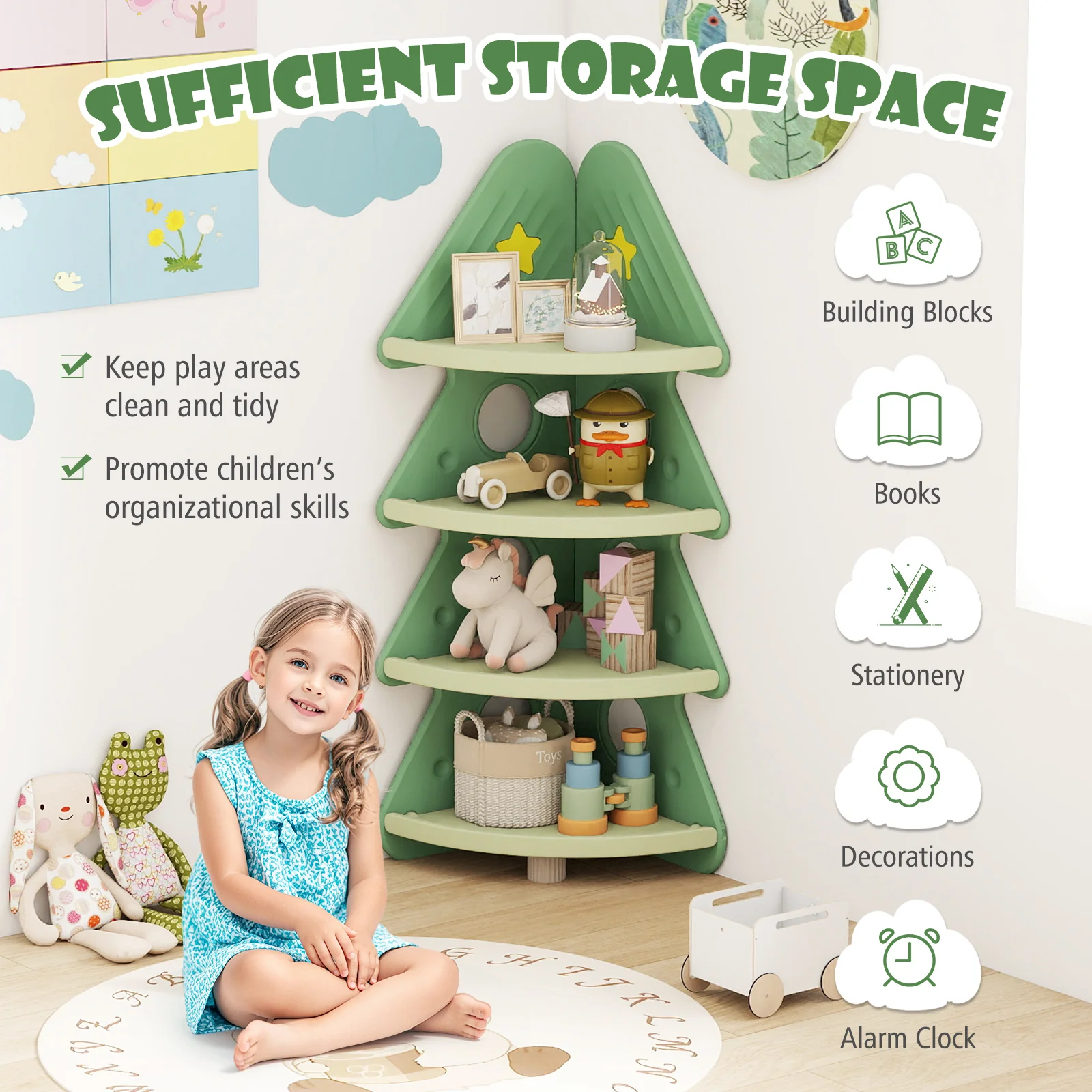 4-Tier Kids Corner Bookshelf Baby Display Shelf for Kids Room, Green - Image 8