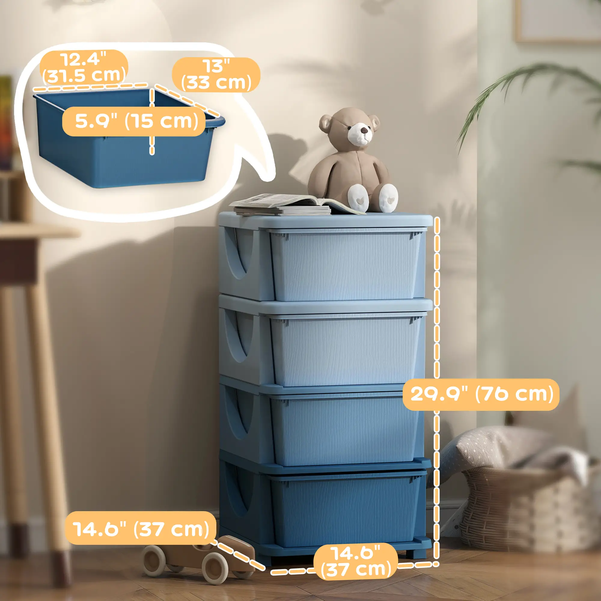 4 Tier Kids Toy Organizer, 4 Plastic Drawers, Blue - Image 3
