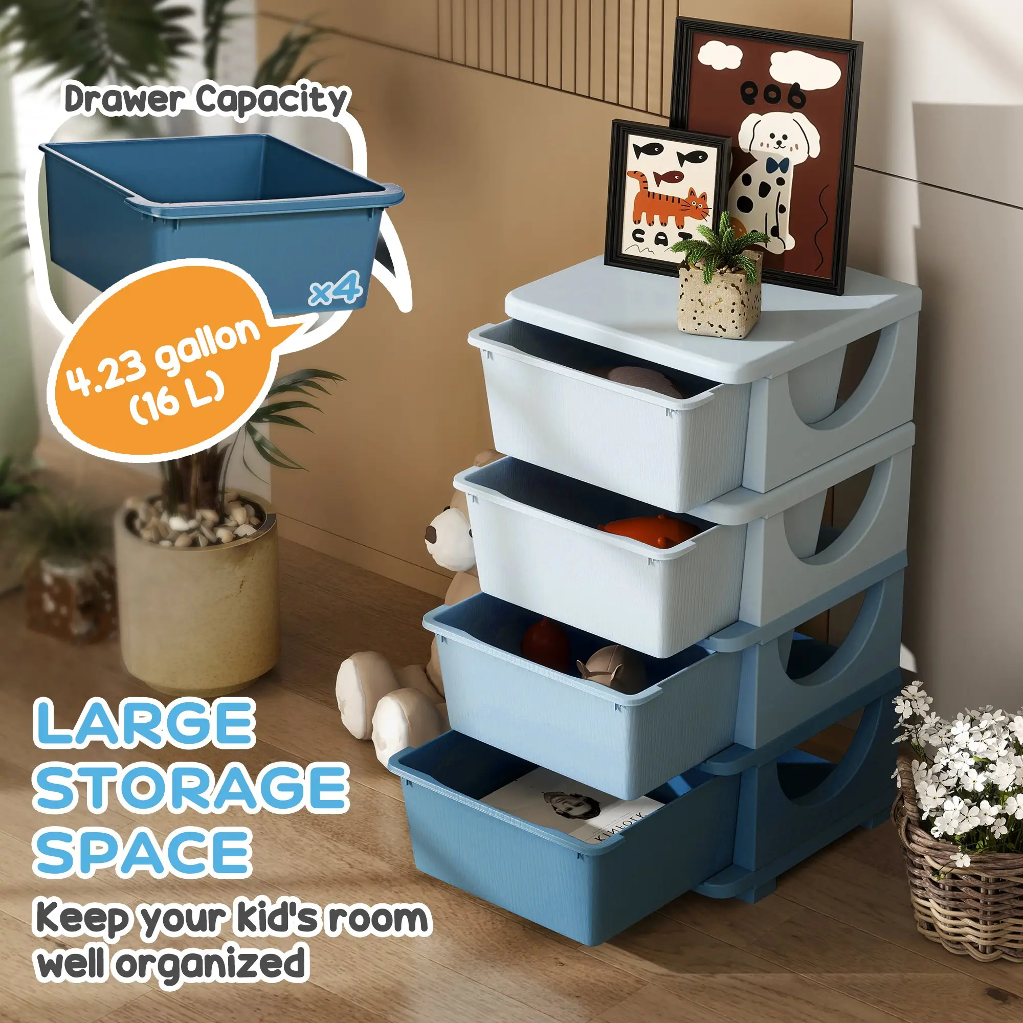 4 Tier Kids Toy Organizer, 4 Plastic Drawers, Blue - Image 4