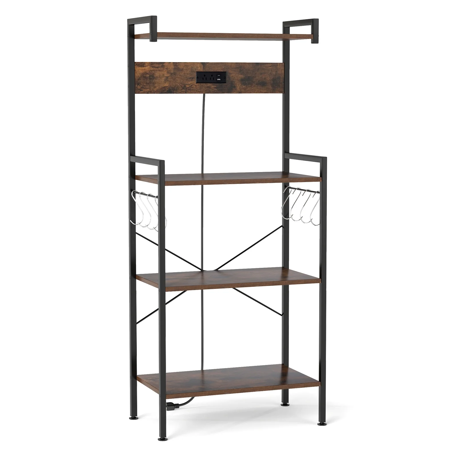 4-Tier Kitchen Bakers Rack, With Power Outlet And 8 Hooks, Rustic Brown