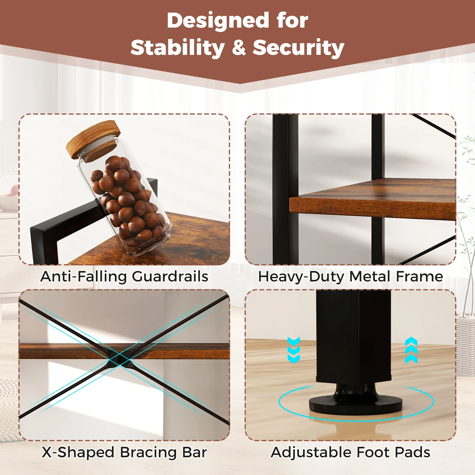 4-Tier Kitchen Bakers Rack, With Power Outlet And 8 Hooks, Rustic Brown - Image 10