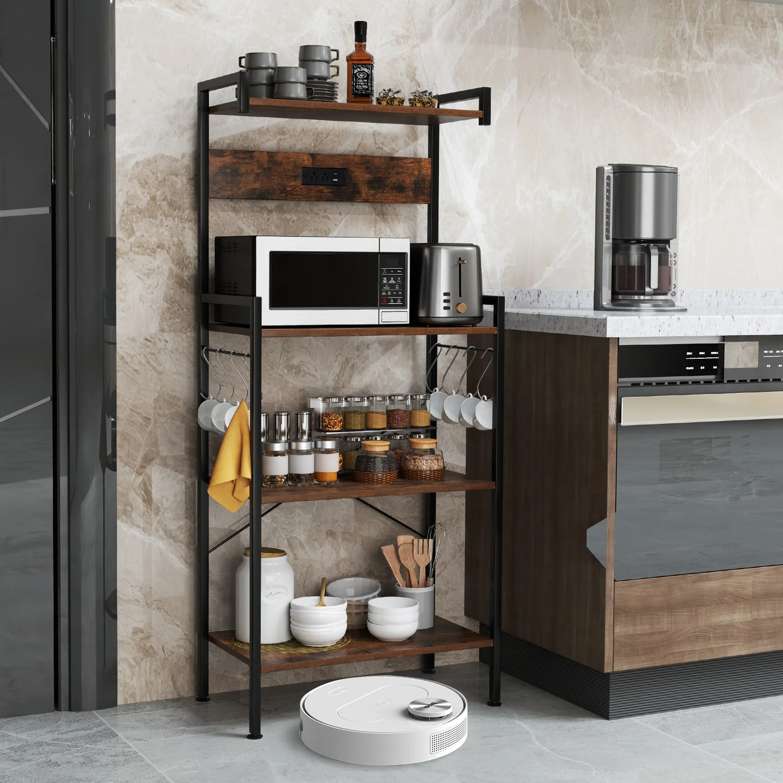 4-Tier Kitchen Bakers Rack, With Power Outlet And 8 Hooks, Rustic Brown - Image 2
