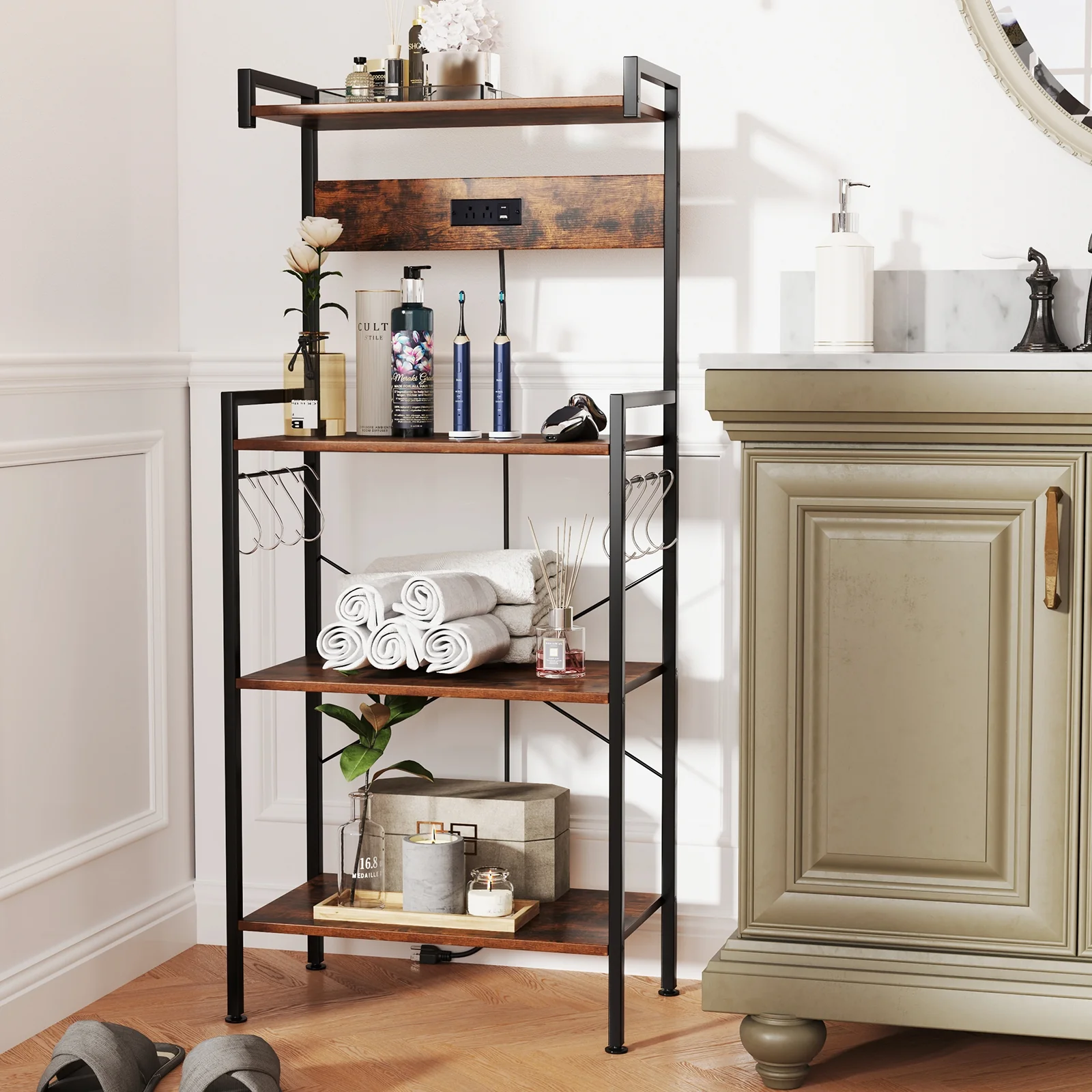4-Tier Kitchen Bakers Rack, With Power Outlet And 8 Hooks, Rustic Brown - Image 3