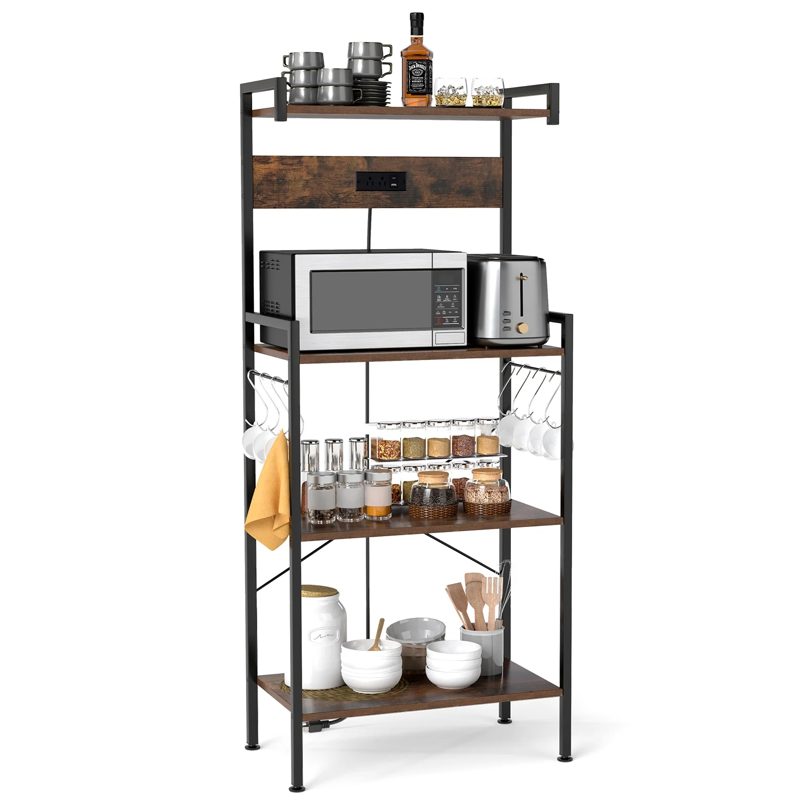 4-Tier Kitchen Bakers Rack, With Power Outlet And 8 Hooks, Rustic Brown - Image 5