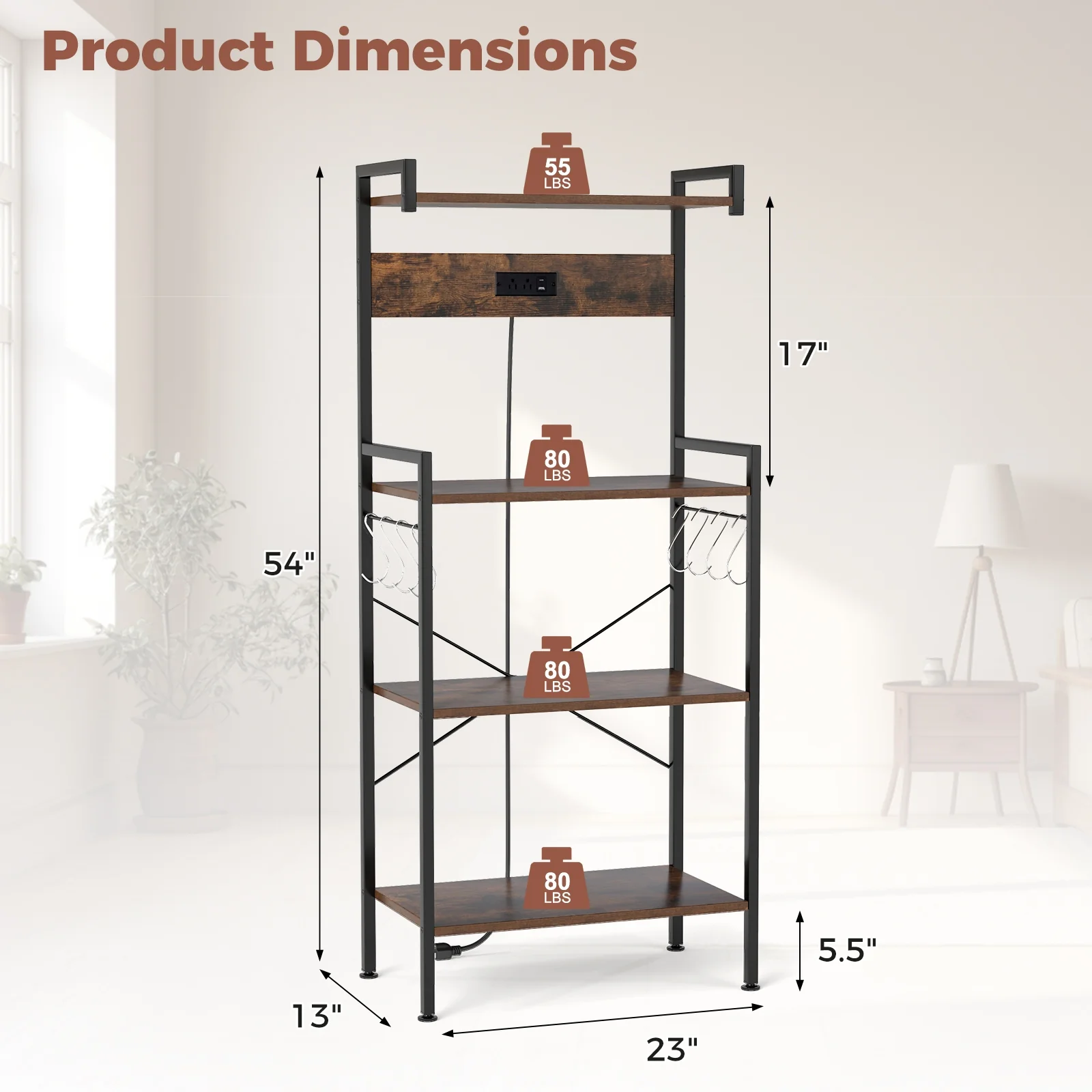 4-Tier Kitchen Bakers Rack, With Power Outlet And 8 Hooks, Rustic Brown - Image 6