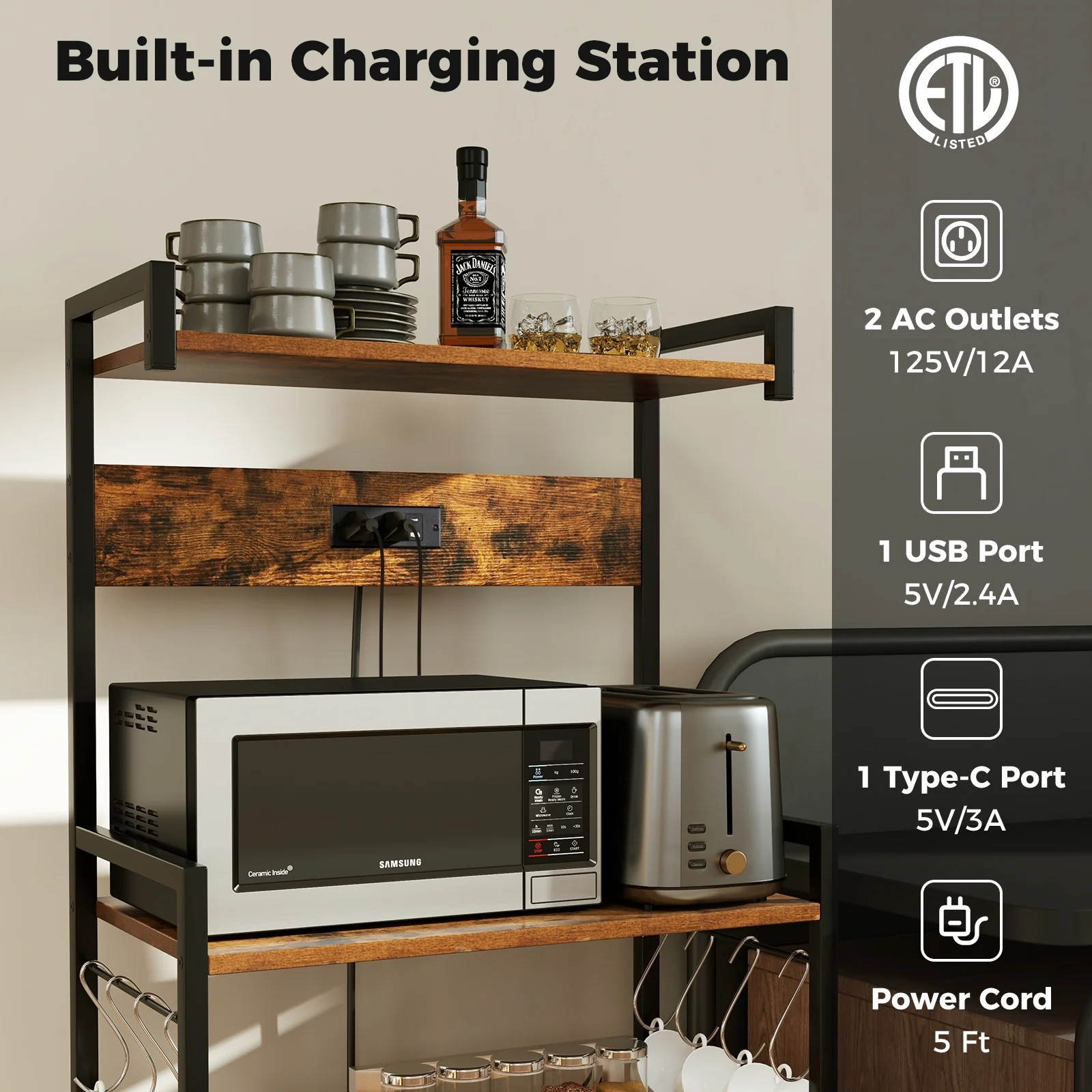4-Tier Kitchen Bakers Rack, With Power Outlet And 8 Hooks, Rustic Brown - Image 8
