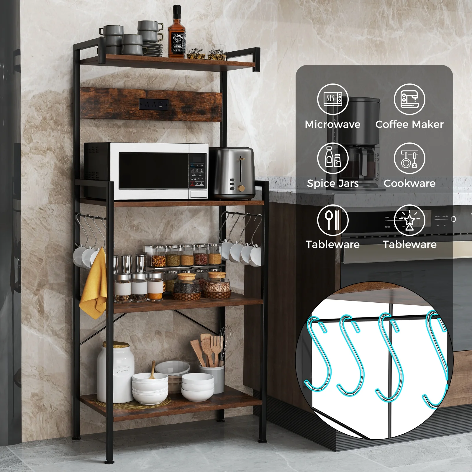 4-Tier Kitchen Bakers Rack, With Power Outlet And 8 Hooks, Rustic Brown - Image 9
