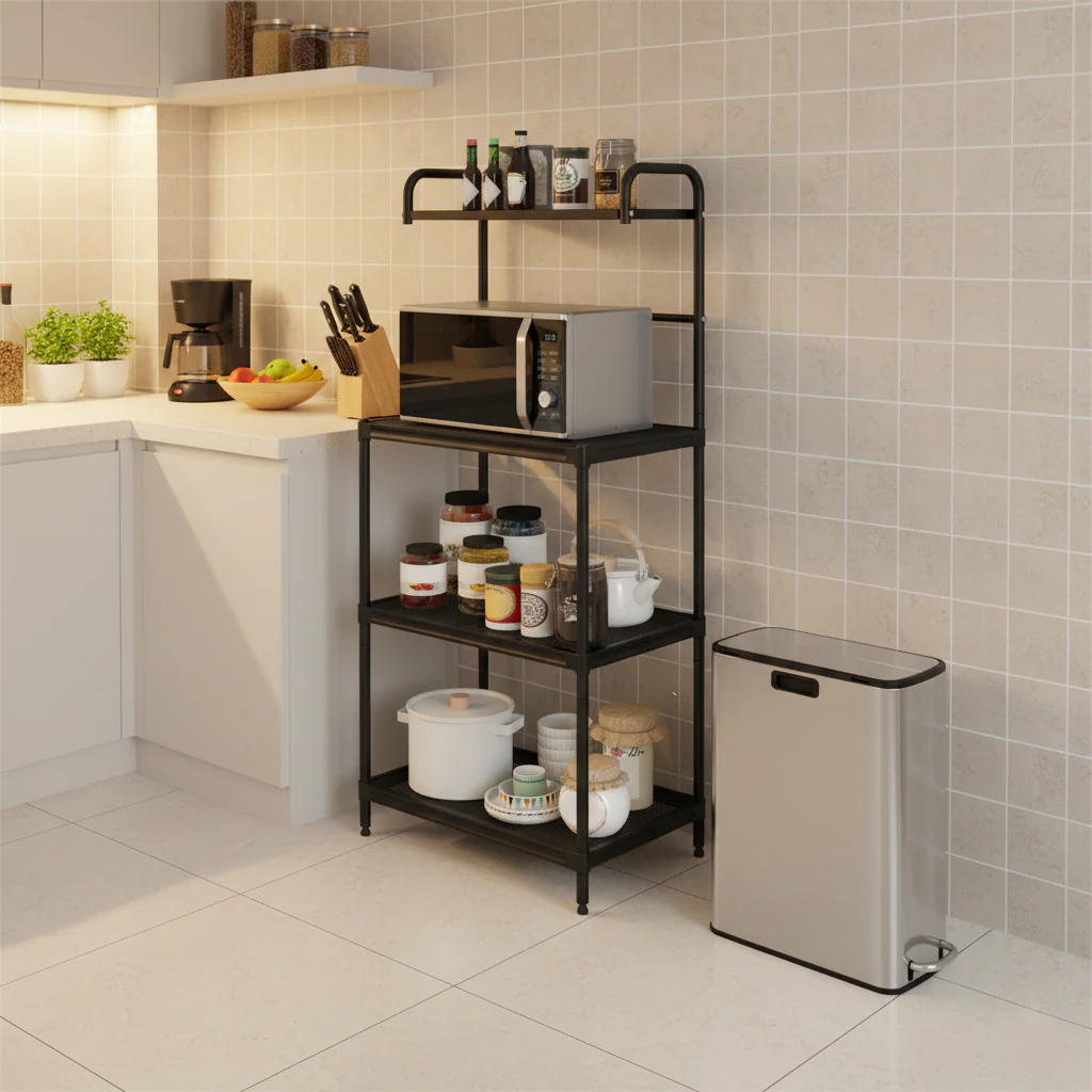 4-Tier Kitchen Microwave Storage Rack With Trash Can - Image 3