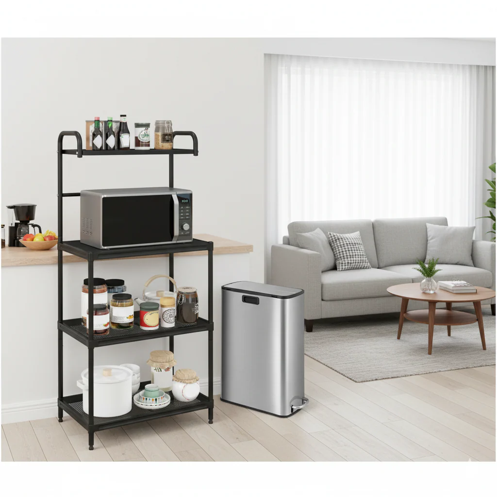 4-Tier Kitchen Microwave Storage Rack With Trash Can - Image 4