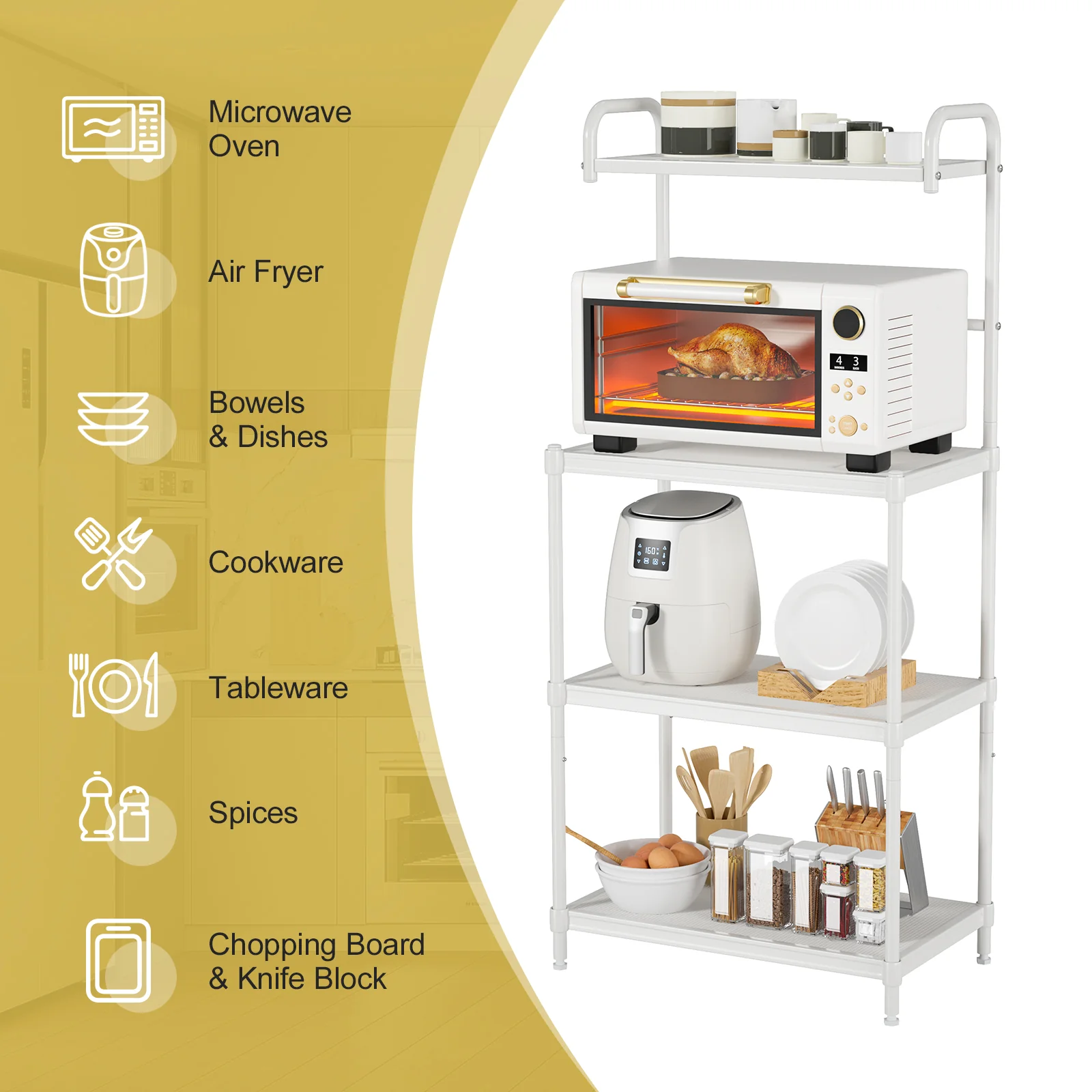 4-Tier Kitchen Storage Rack, Microwave Oven Shelves, White - Image 8