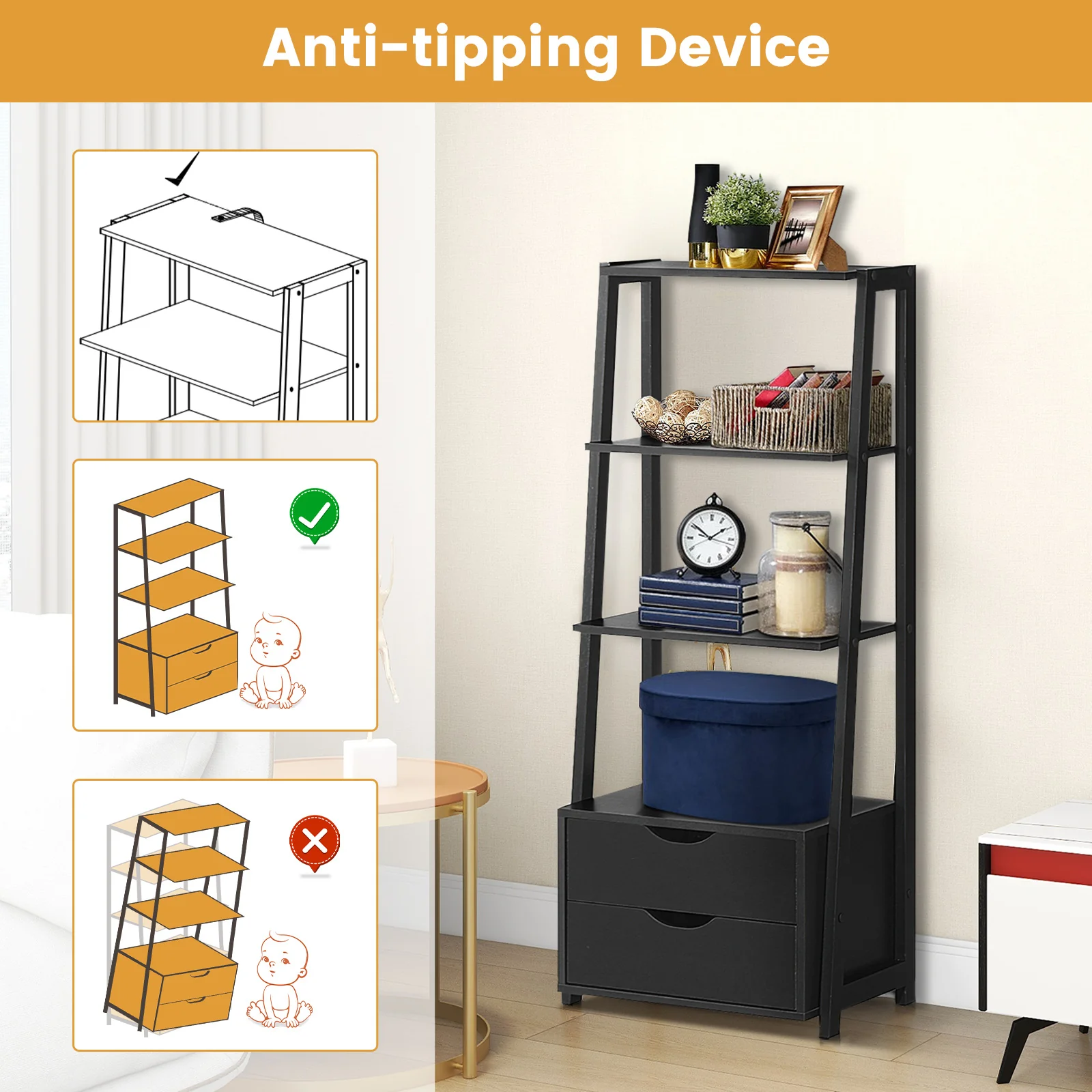 4-Tier Ladder Bookshelf With 2 Drawers, Black - Image 10