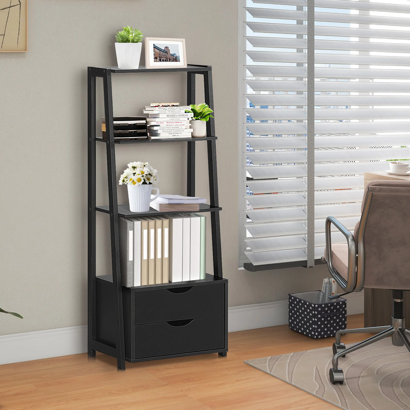 4-Tier Ladder Bookshelf With 2 Drawers, Black - Image 2