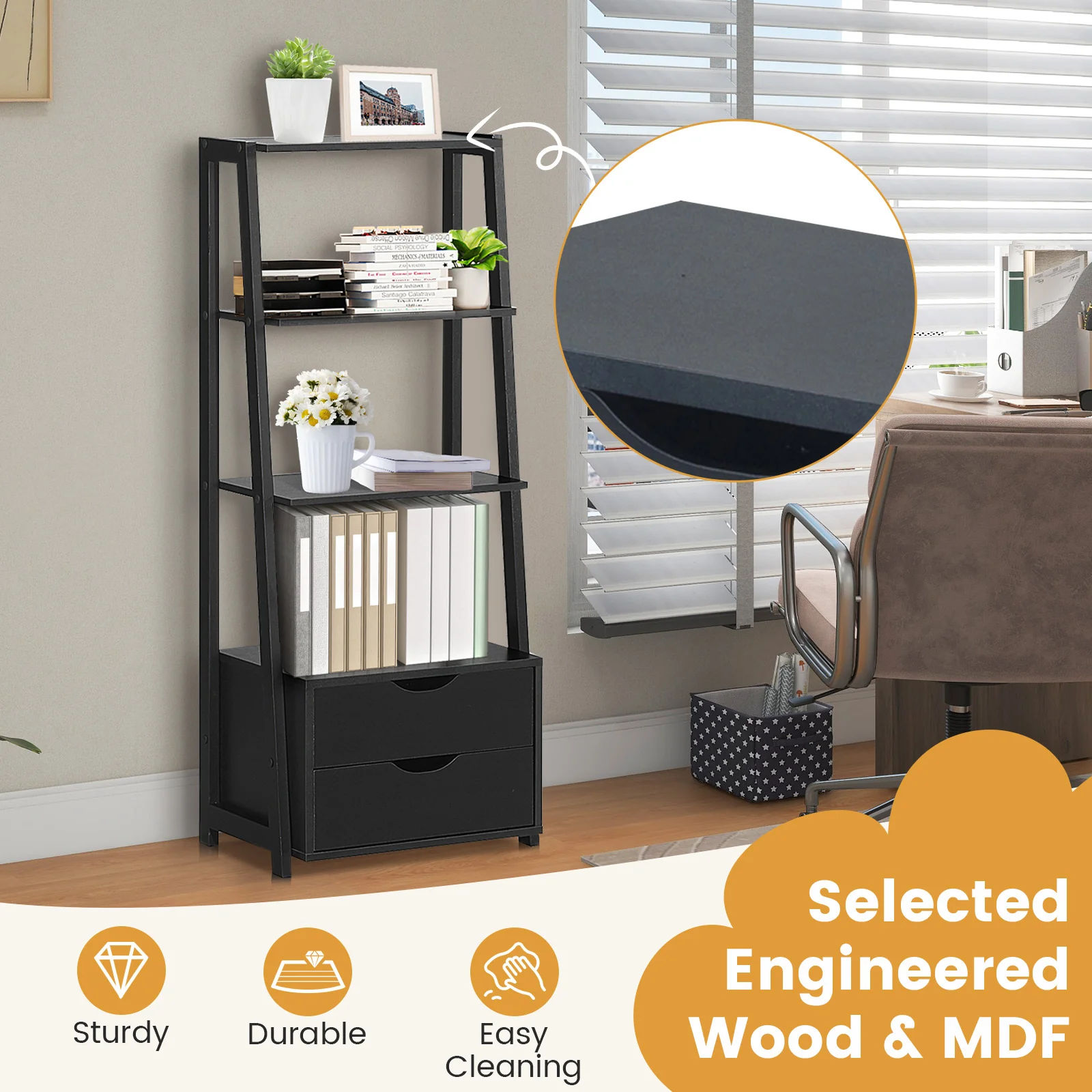 4-Tier Ladder Bookshelf With 2 Drawers, Black - Image 3