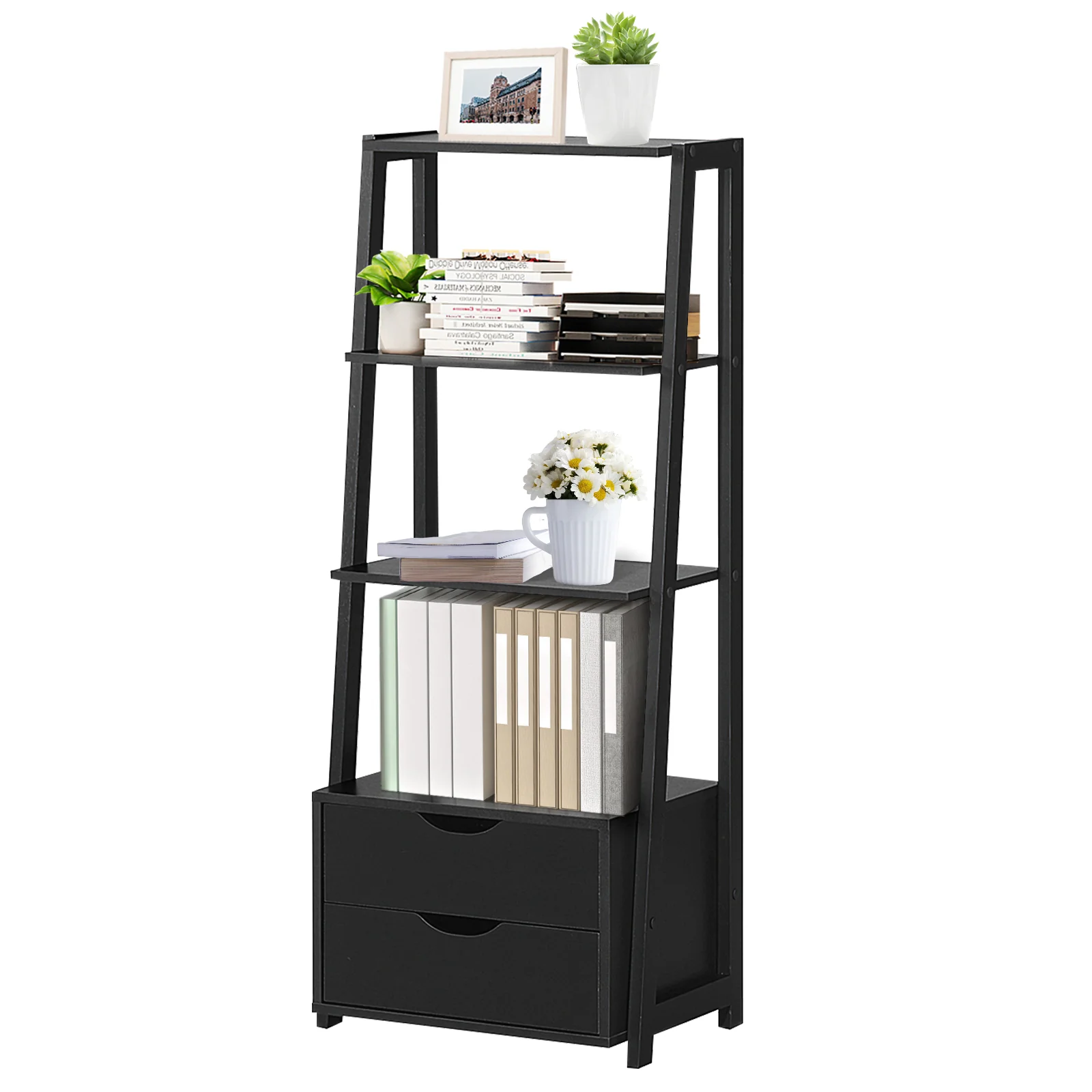 4-Tier Ladder Bookshelf With 2 Drawers, Black - Image 5