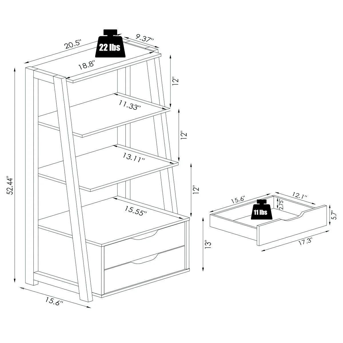 4-Tier Ladder Bookshelf With 2 Drawers, Black - Image 6